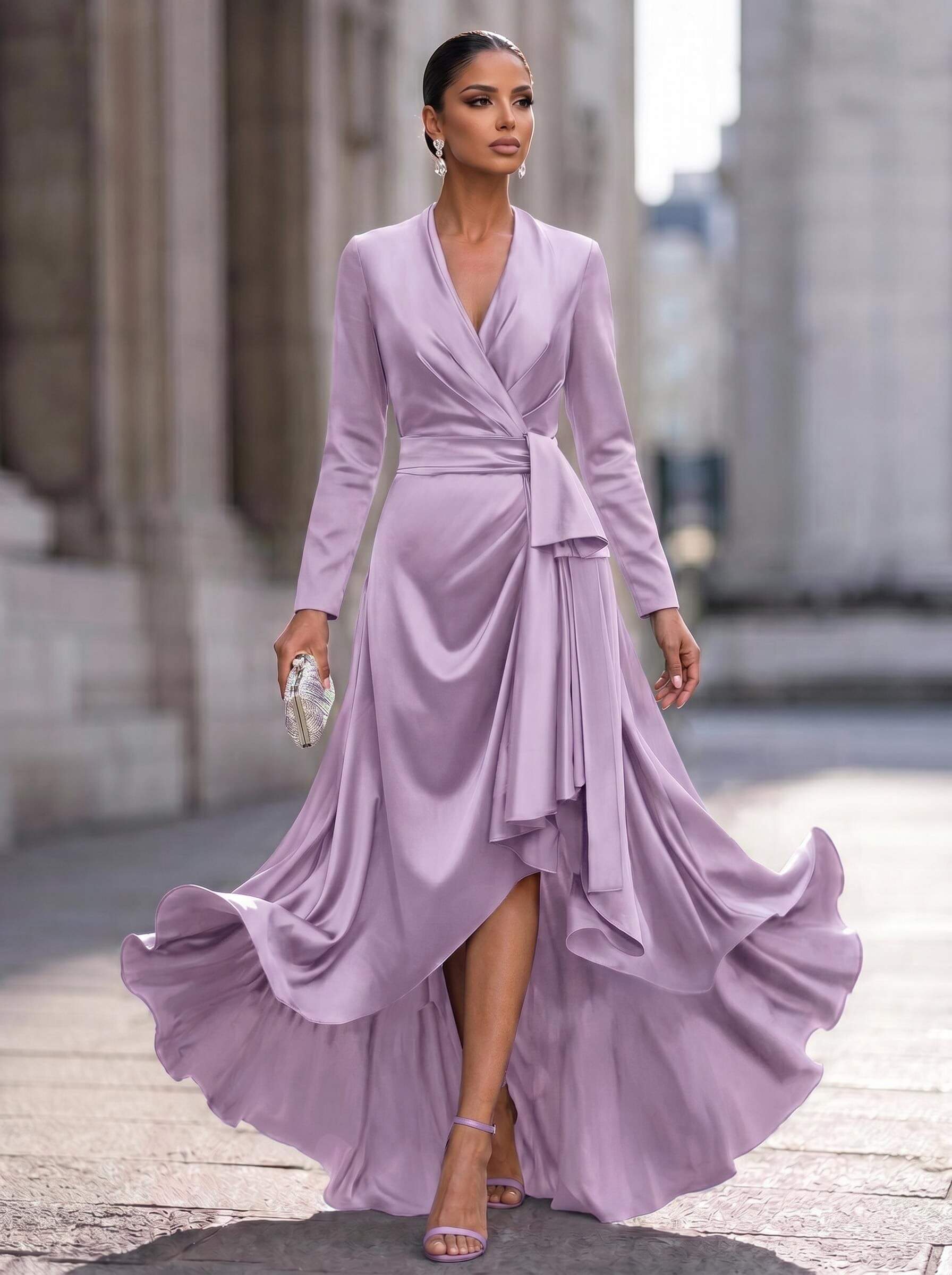 A-Line V-Neck Long Sleeves Asymmetrical Acetate Satin Mother Of The Bride Dresses With Ruffle
