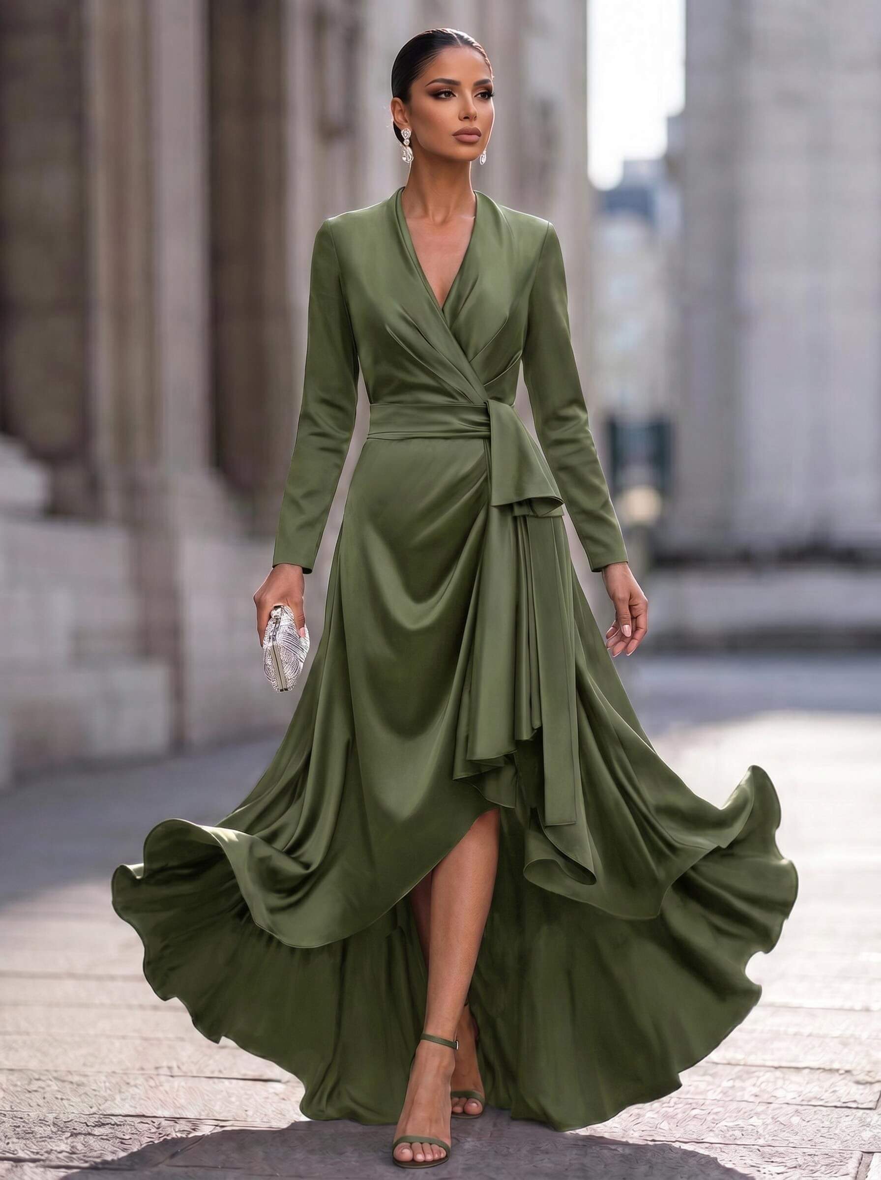 A-Line V-Neck Long Sleeves Asymmetrical Acetate Satin Mother Of The Bride Dresses With Ruffle