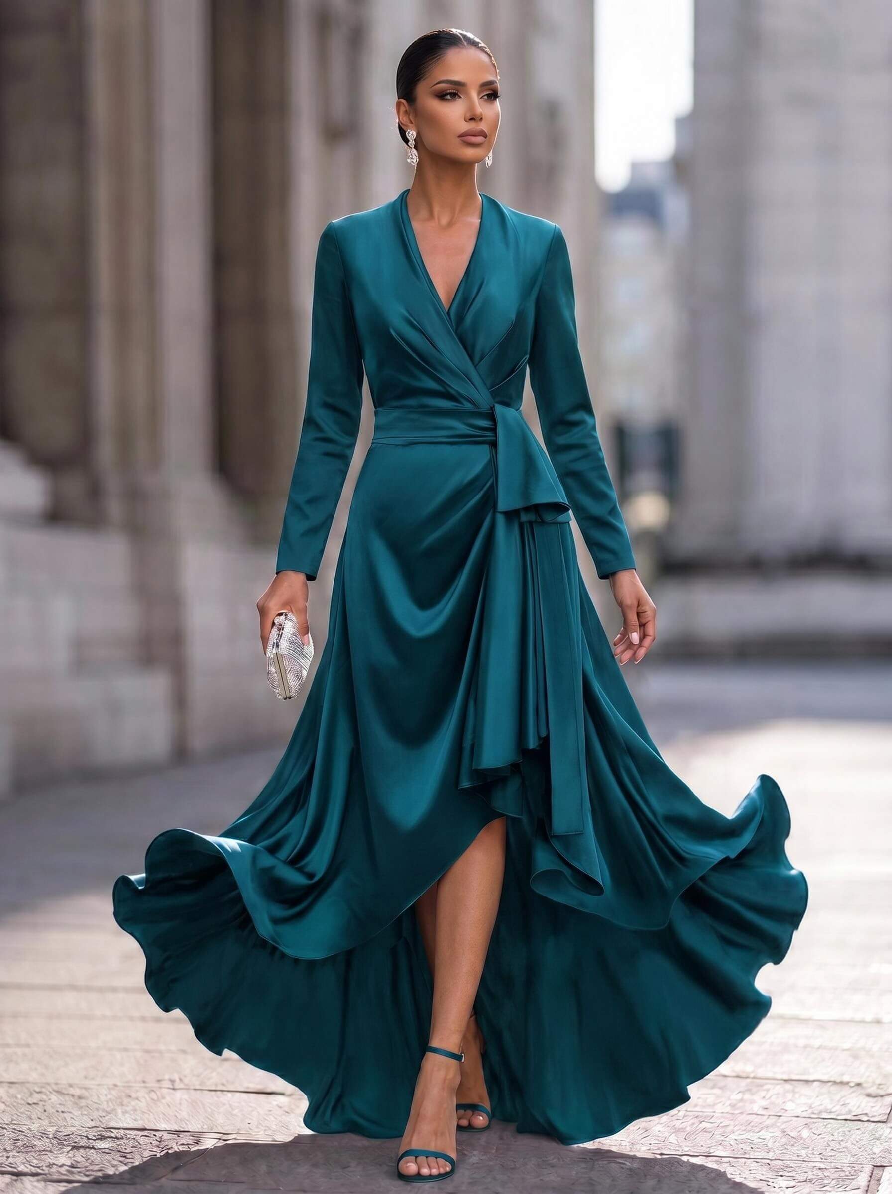 A-Line V-Neck Long Sleeves Asymmetrical Acetate Satin Mother Of The Bride Dresses With Ruffle