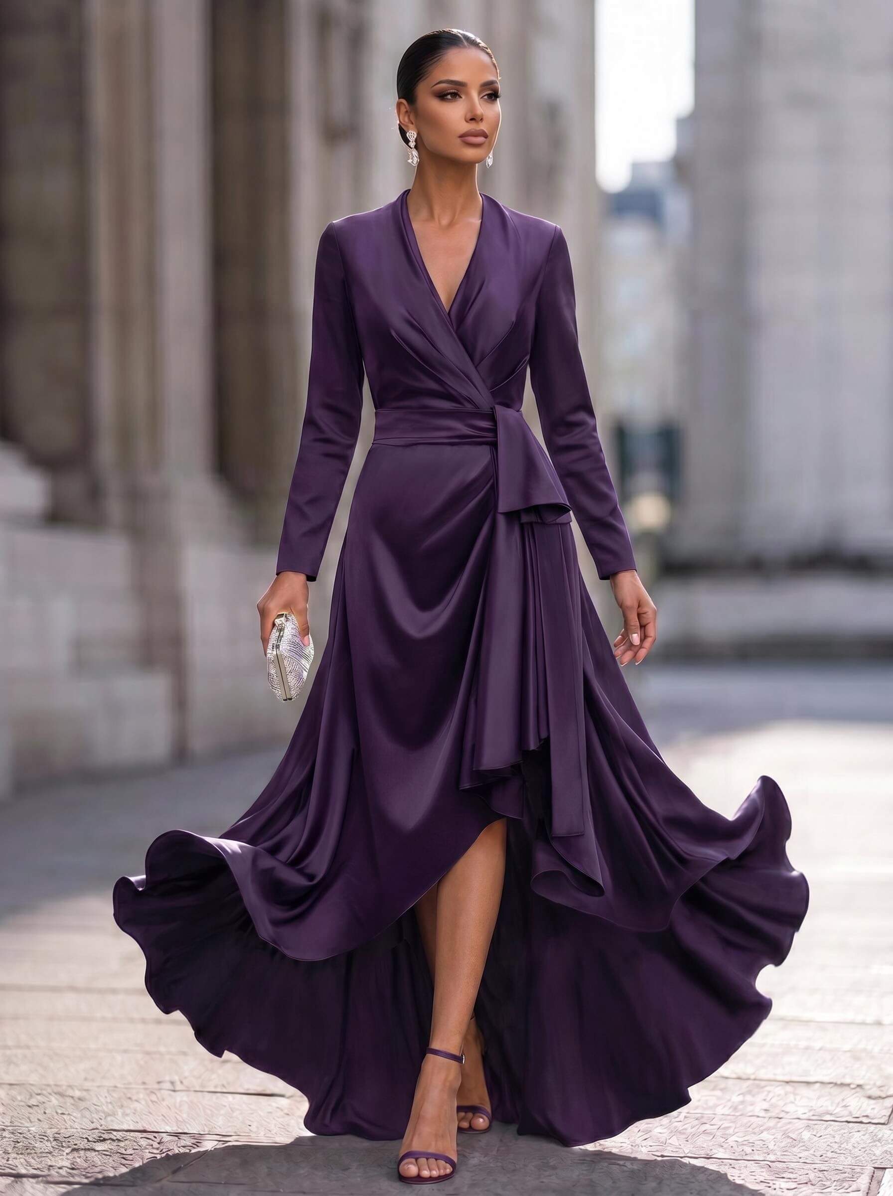A-Line V-Neck Long Sleeves Asymmetrical Acetate Satin Mother Of The Bride Dresses With Ruffle