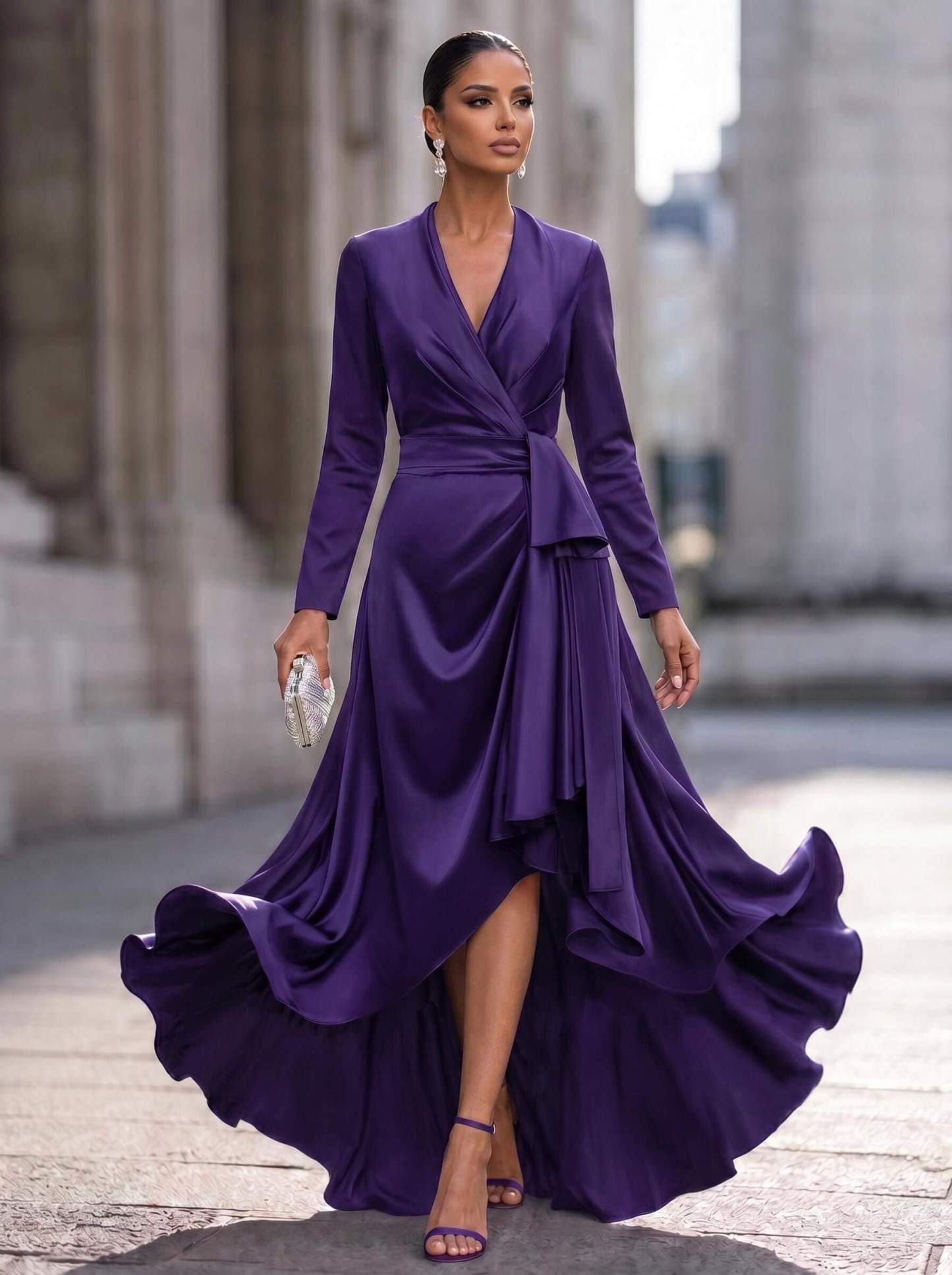 A-Line V-Neck Long Sleeves Asymmetrical Acetate Satin Mother Of The Bride Dresses With Ruffle