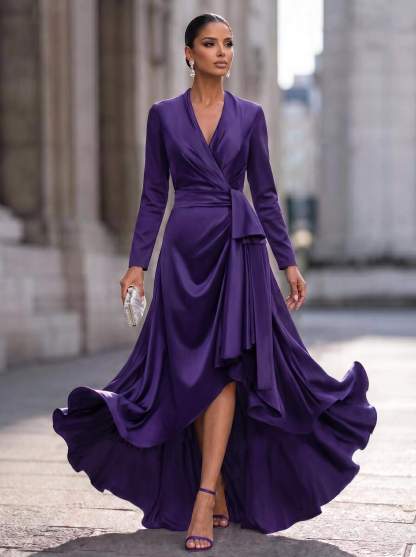 A-Line V-Neck Long Sleeves Asymmetrical Acetate Satin Mother Of The Bride Dresses With Ruffle
