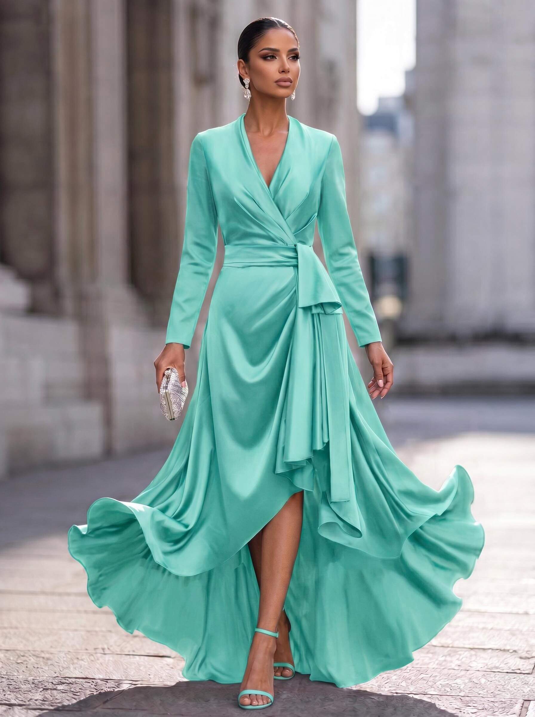 A-Line V-Neck Long Sleeves Asymmetrical Acetate Satin Mother Of The Bride Dresses With Ruffle