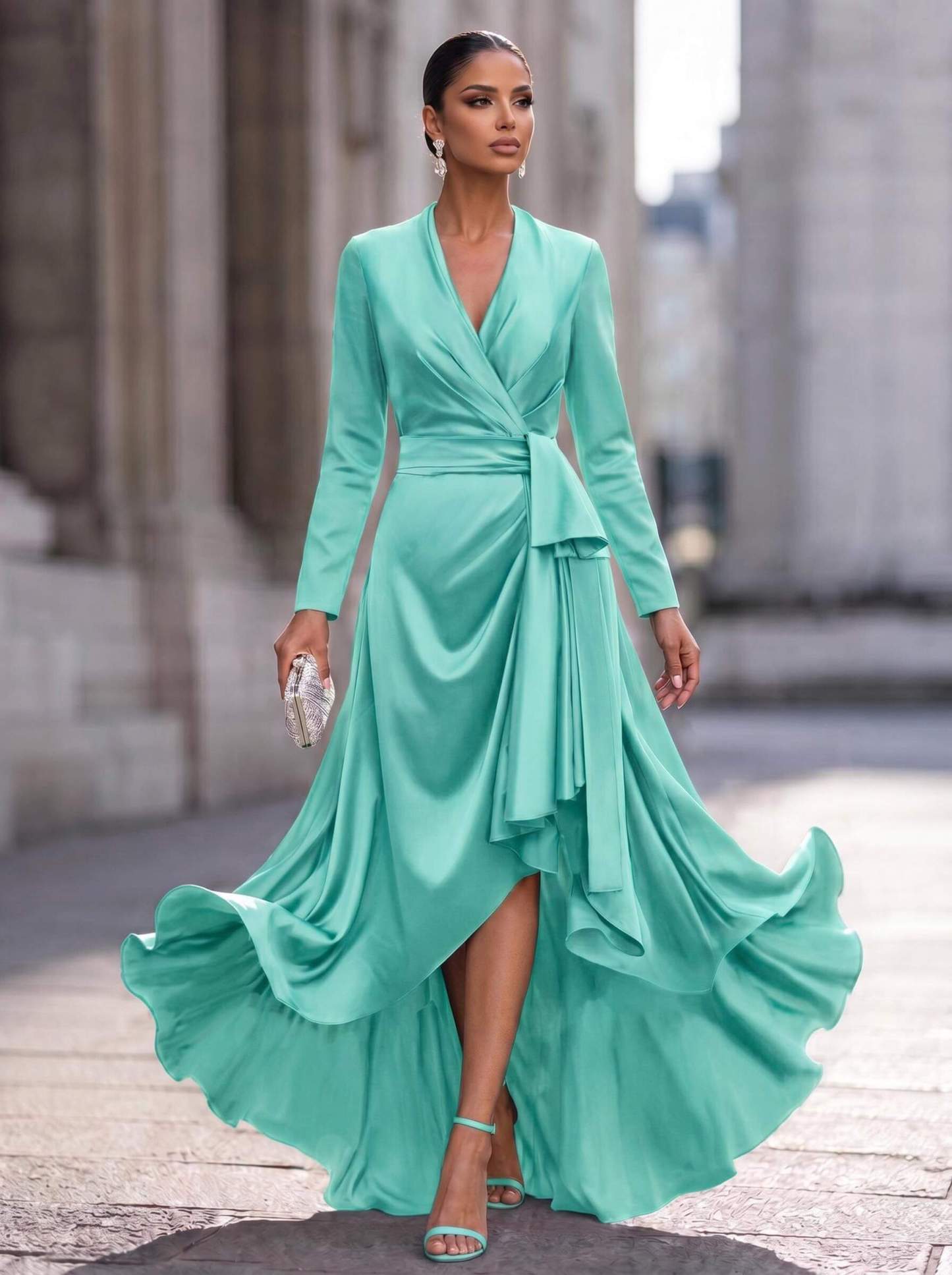 A-Line V-Neck Long Sleeves Asymmetrical Acetate Satin Mother Of The Bride Dresses With Ruffle