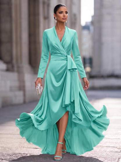 A-Line V-Neck Long Sleeves Asymmetrical Acetate Satin Mother Of The Bride Dresses With Ruffle