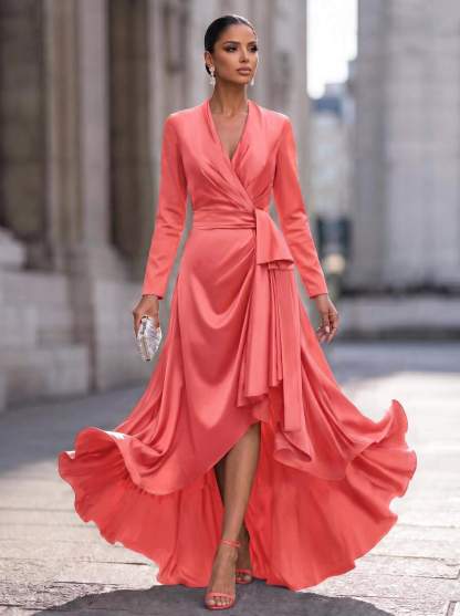 A-Line V-Neck Long Sleeves Asymmetrical Acetate Satin Mother Of The Bride Dresses With Ruffle