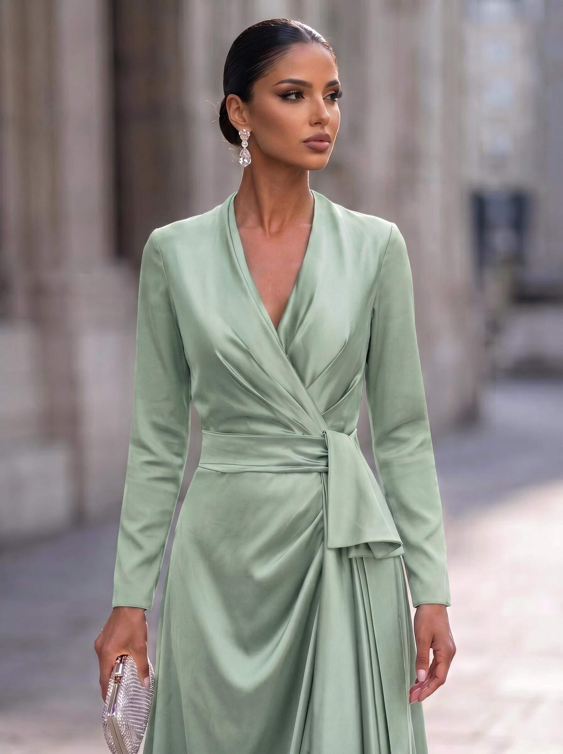 A-Line V-Neck Long Sleeves Asymmetrical Acetate Satin Mother Of The Bride Dresses With Ruffle