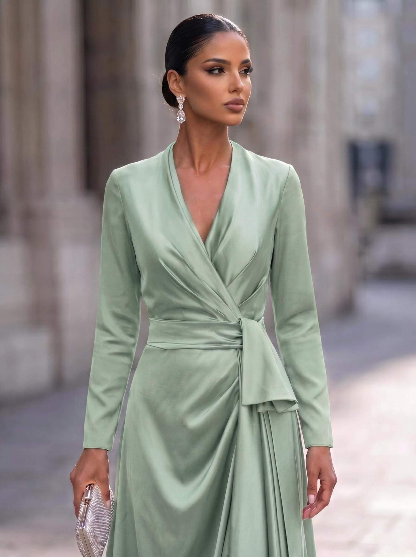 A-Line V-Neck Long Sleeves Asymmetrical Acetate Satin Mother Of The Bride Dresses With Ruffle