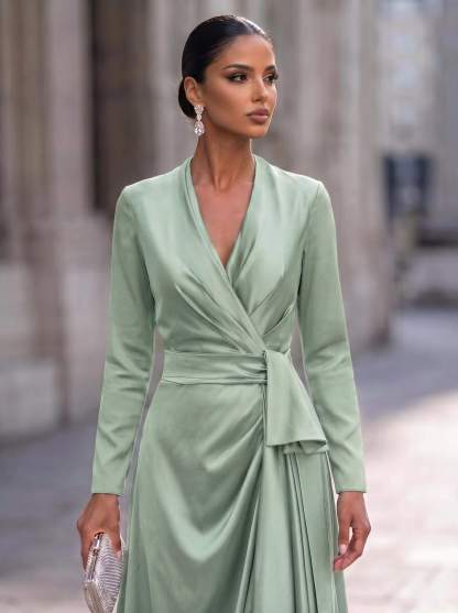 A-Line V-Neck Long Sleeves Asymmetrical Acetate Satin Mother Of The Bride Dresses With Ruffle