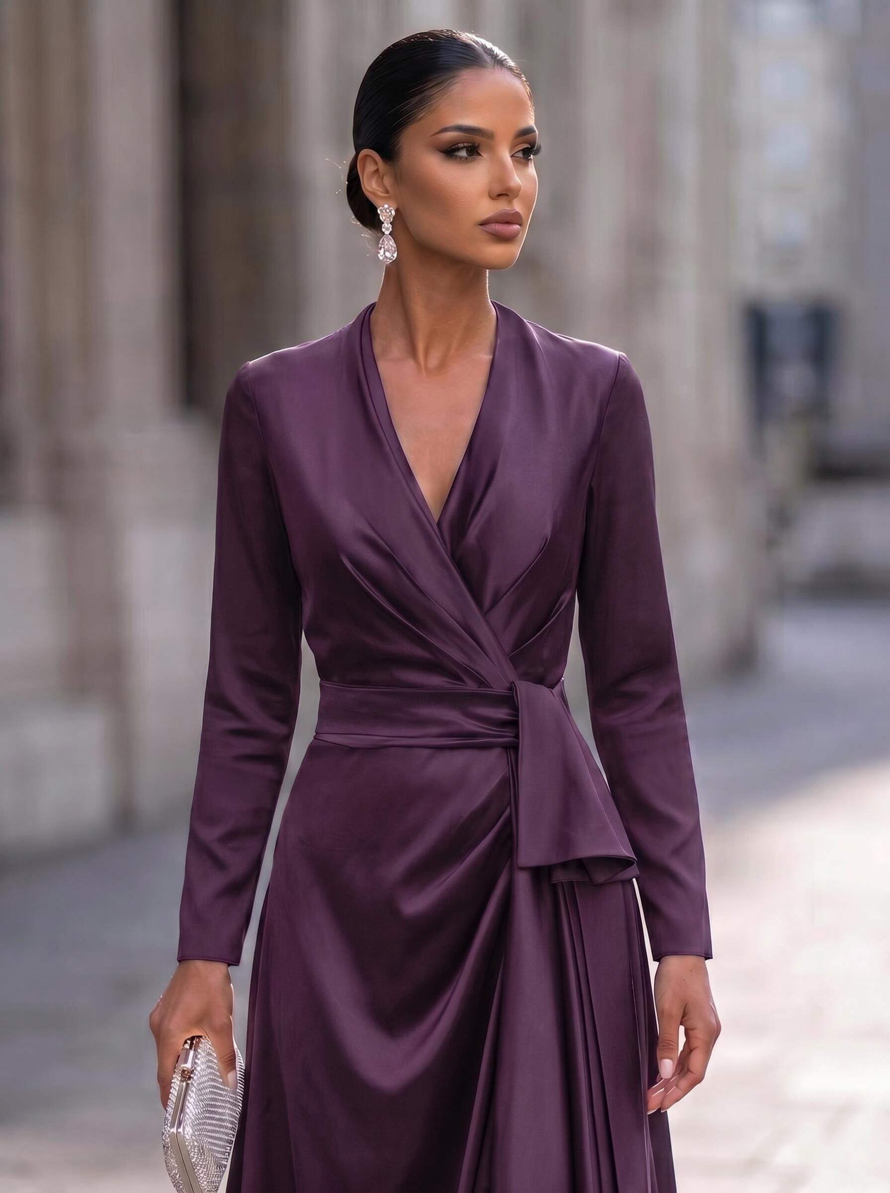 A-Line V-Neck Long Sleeves Asymmetrical Acetate Satin Mother Of The Bride Dresses With Ruffle