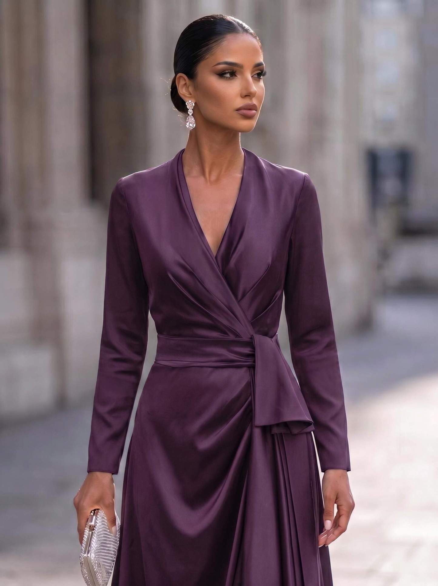 A-Line V-Neck Long Sleeves Asymmetrical Acetate Satin Mother Of The Bride Dresses With Ruffle