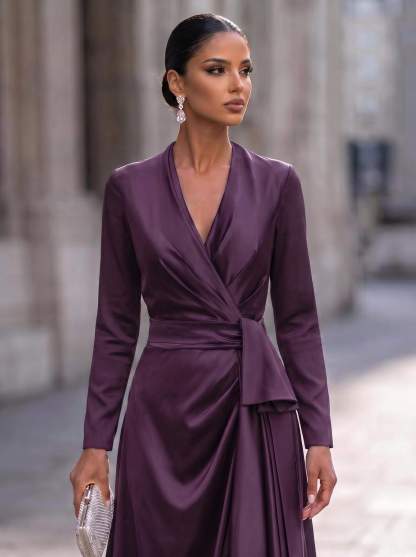 A-Line V-Neck Long Sleeves Asymmetrical Acetate Satin Mother Of The Bride Dresses With Ruffle