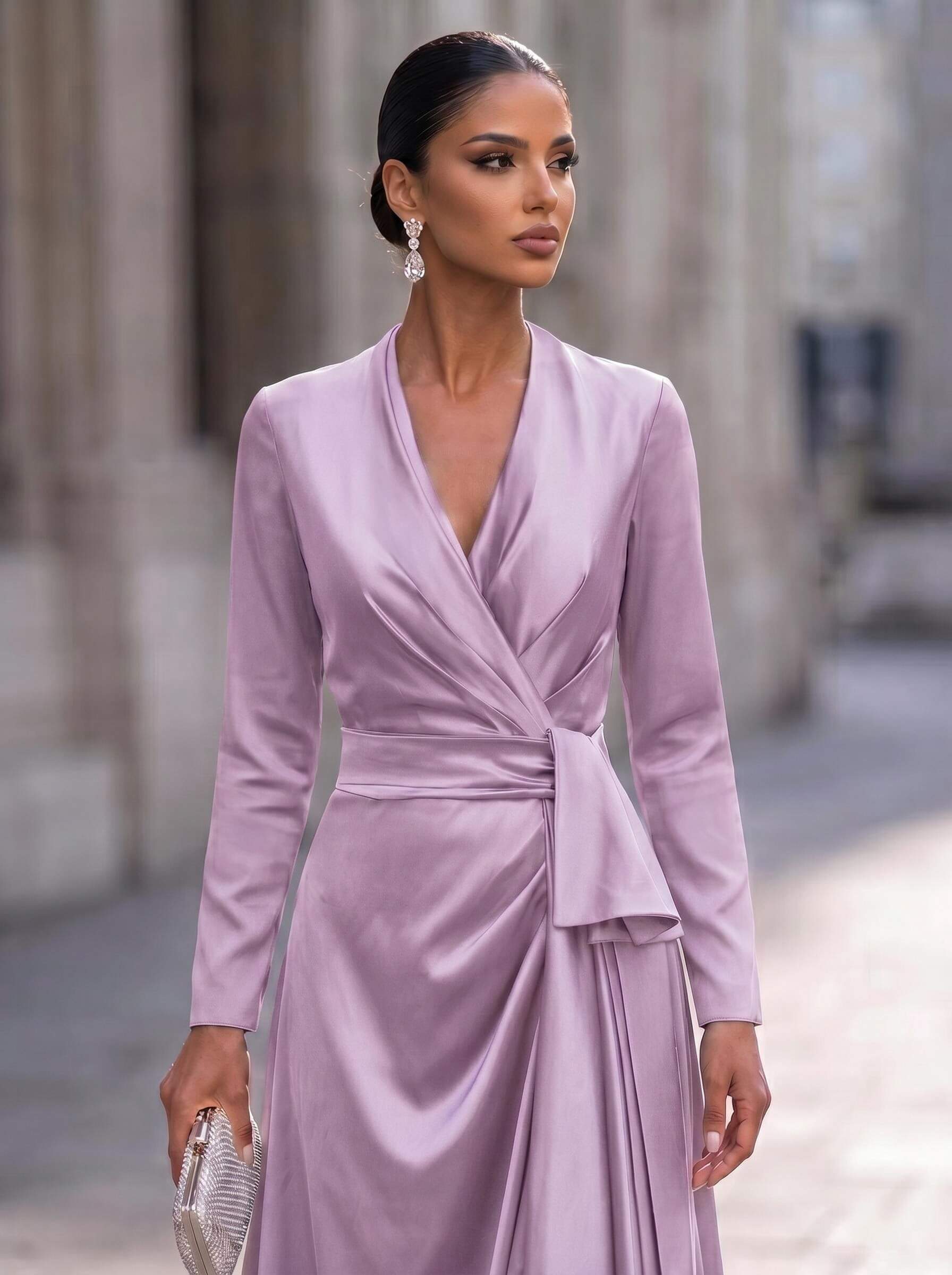 A-Line V-Neck Long Sleeves Asymmetrical Acetate Satin Mother Of The Bride Dresses With Ruffle