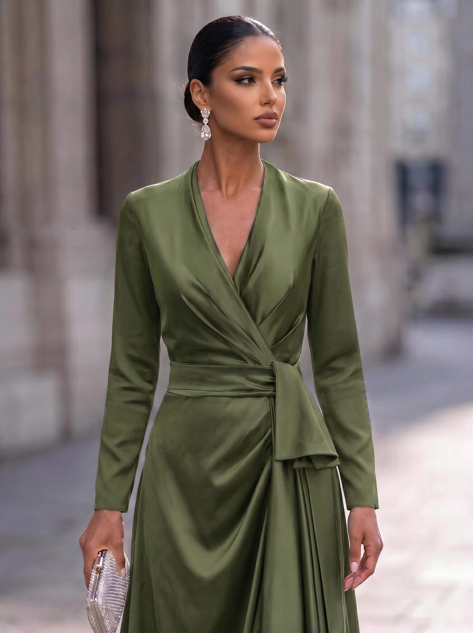 A-Line V-Neck Long Sleeves Asymmetrical Acetate Satin Mother Of The Bride Dresses With Ruffle