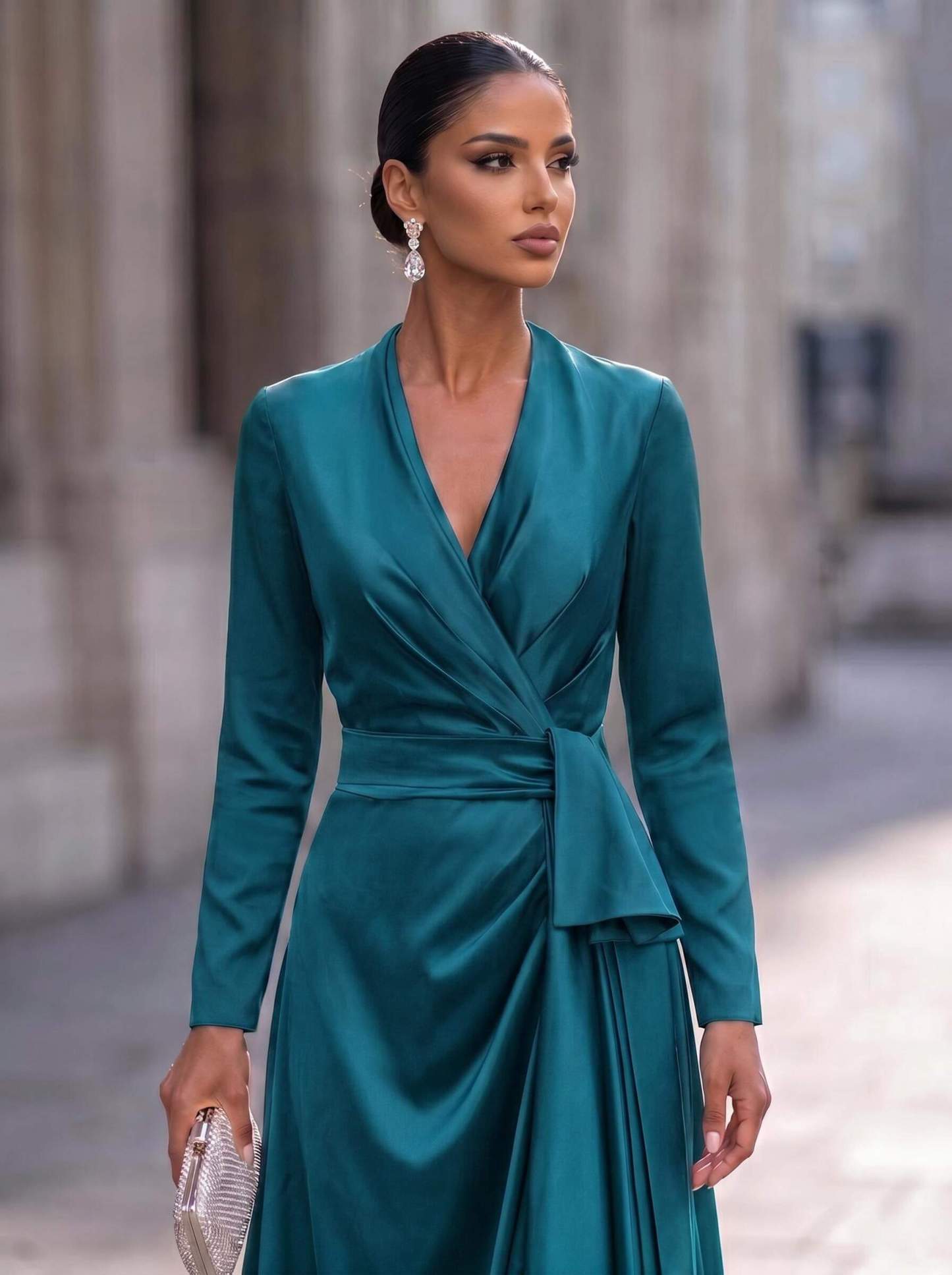 A-Line V-Neck Long Sleeves Asymmetrical Acetate Satin Mother Of The Bride Dresses With Ruffle