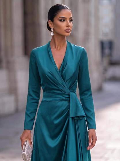 A-Line V-Neck Long Sleeves Asymmetrical Acetate Satin Mother Of The Bride Dresses With Ruffle