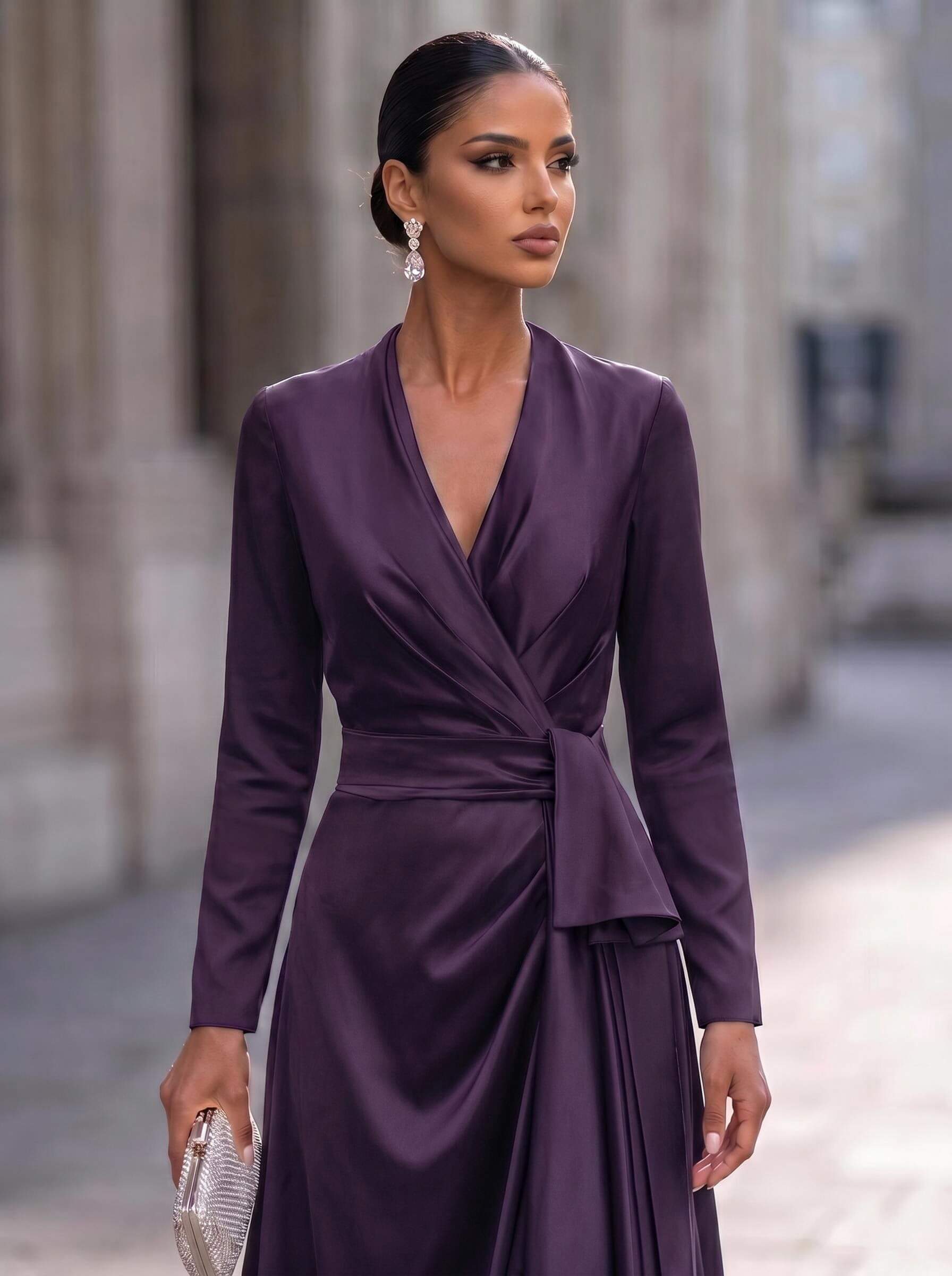 A-Line V-Neck Long Sleeves Asymmetrical Acetate Satin Mother Of The Bride Dresses With Ruffle