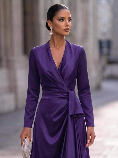 A-Line V-Neck Long Sleeves Asymmetrical Acetate Satin Mother Of The Bride Dresses With Ruffle