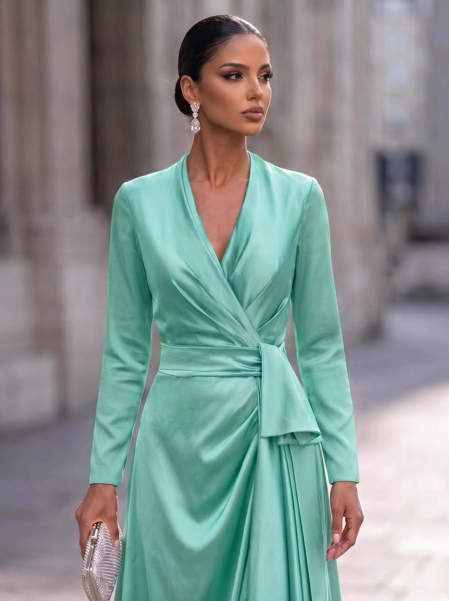 A-Line V-Neck Long Sleeves Asymmetrical Acetate Satin Mother Of The Bride Dresses With Ruffle