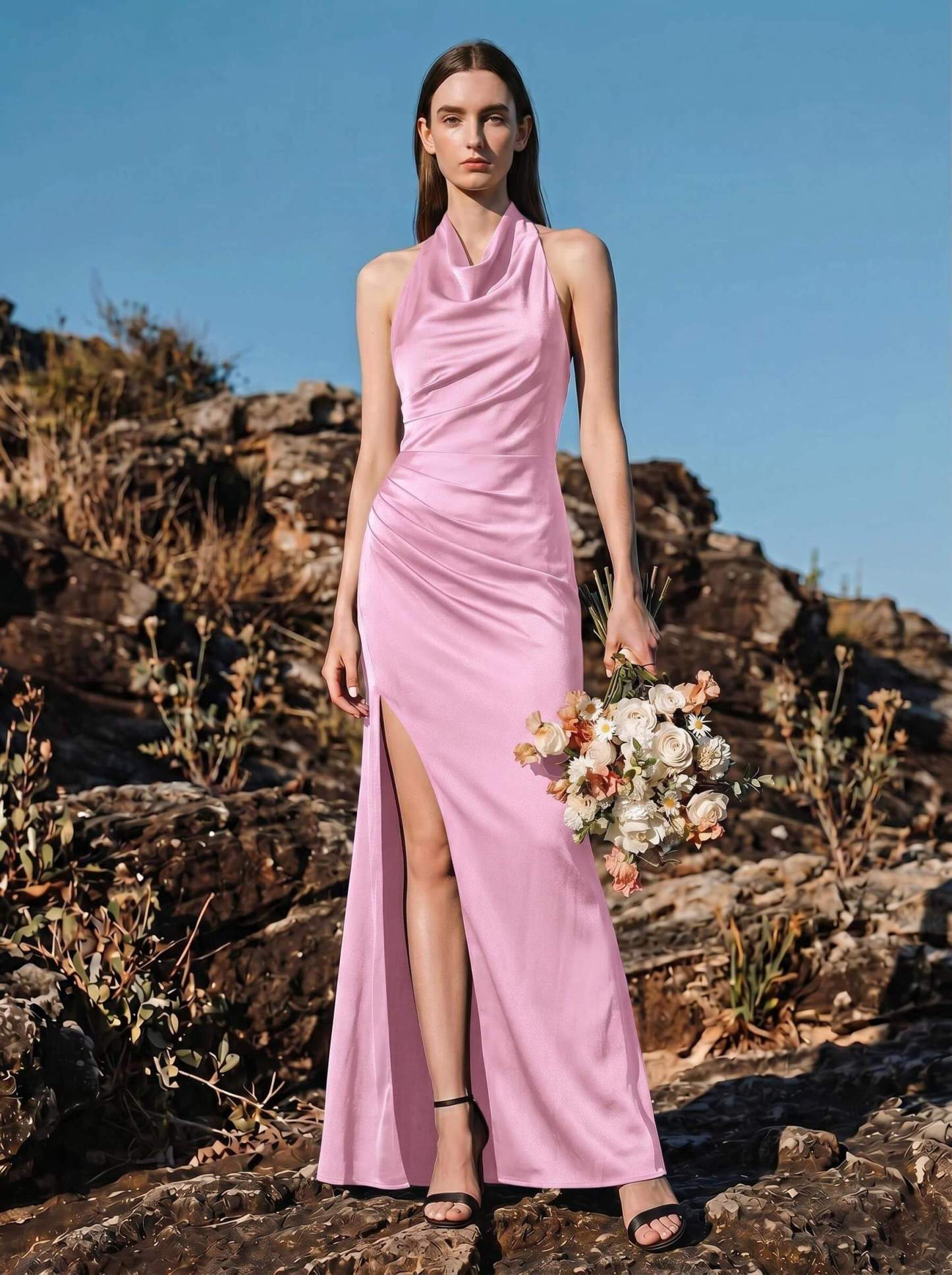 Sheath/Column Cowl Neck Sleeveless Bridesmaid Dresses With Split Front, image 12