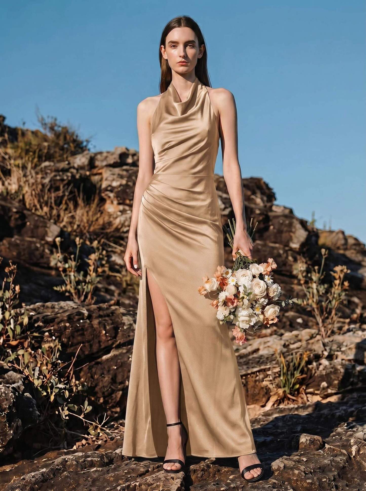 Sheath/Column Cowl Neck Sleeveless Bridesmaid Dresses With Split Front, image 15