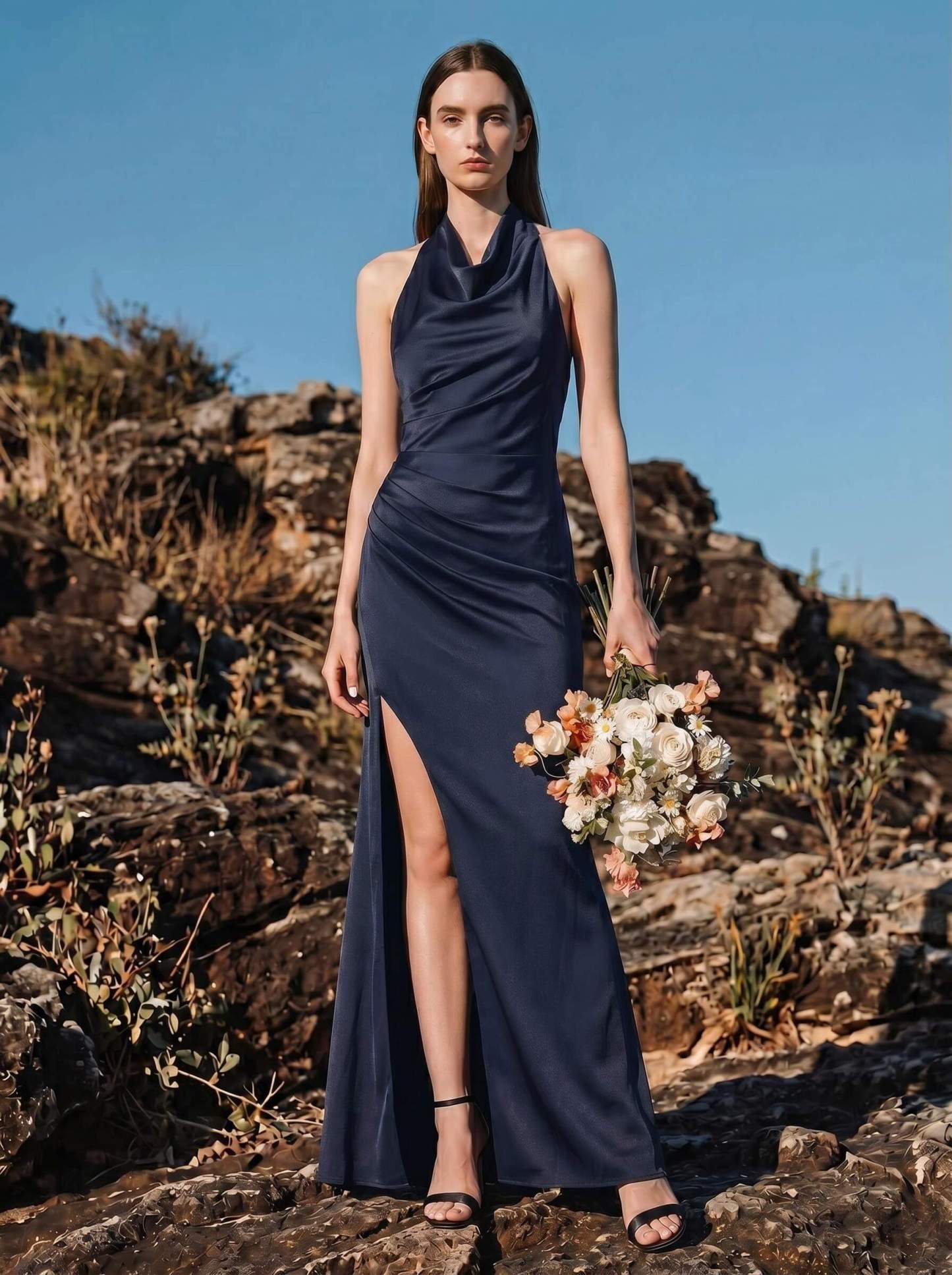 Sheath/Column Cowl Neck Sleeveless Bridesmaid Dresses With Split Front, image 4