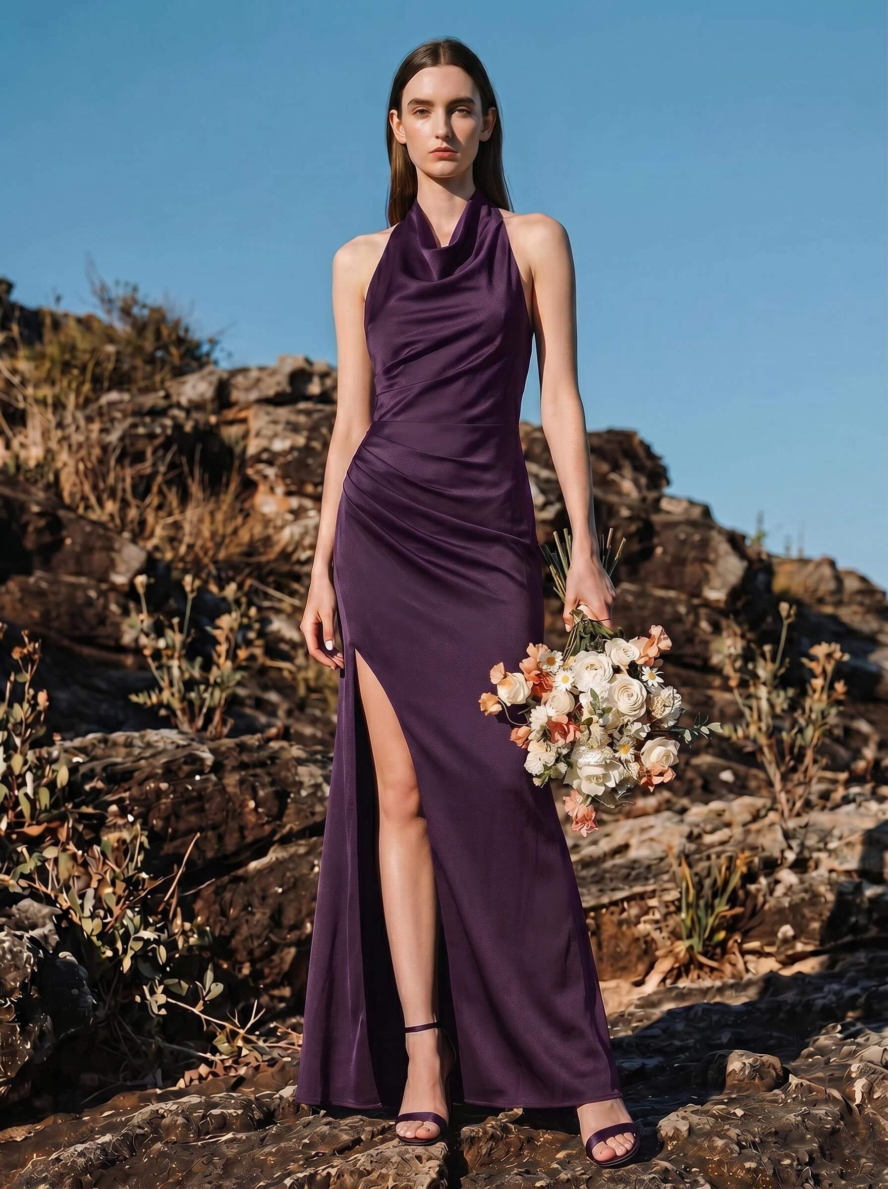 Sheath/Column Cowl Neck Sleeveless Bridesmaid Dresses With Split Front, image 13