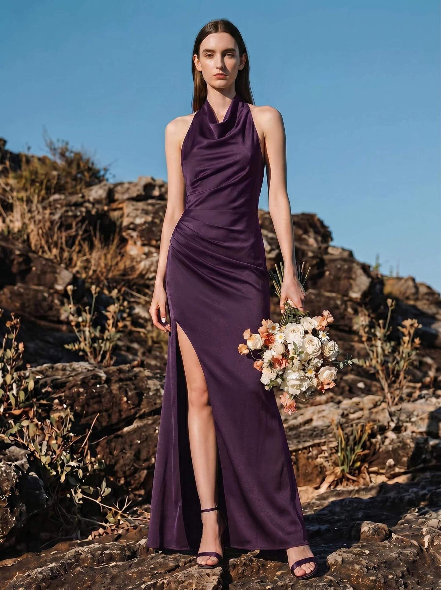 Sheath/Column Cowl Neck Sleeveless Bridesmaid Dresses With Split Front, image 13