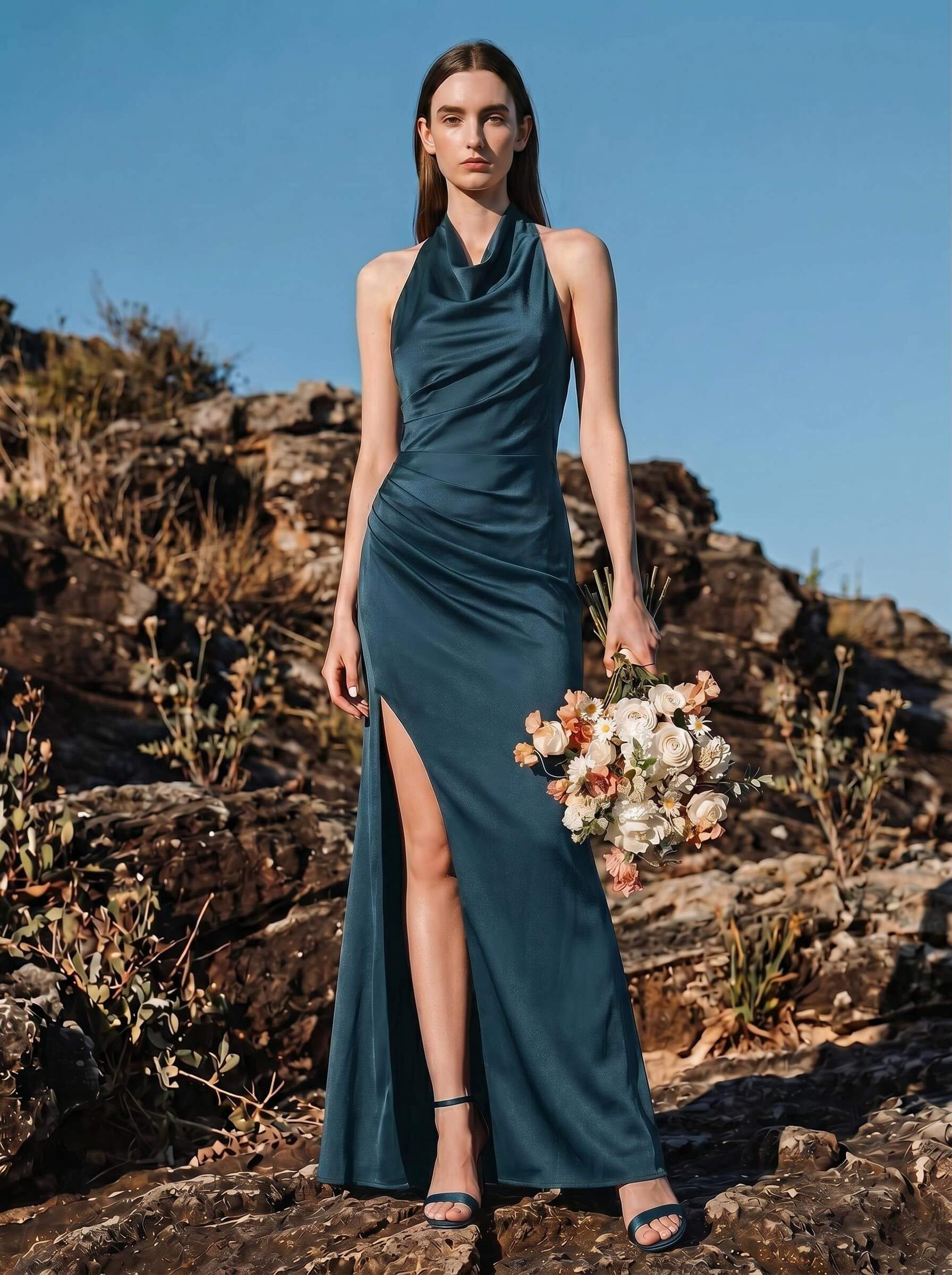 Sheath/Column Cowl Neck Sleeveless Bridesmaid Dresses With Split Front, image 7