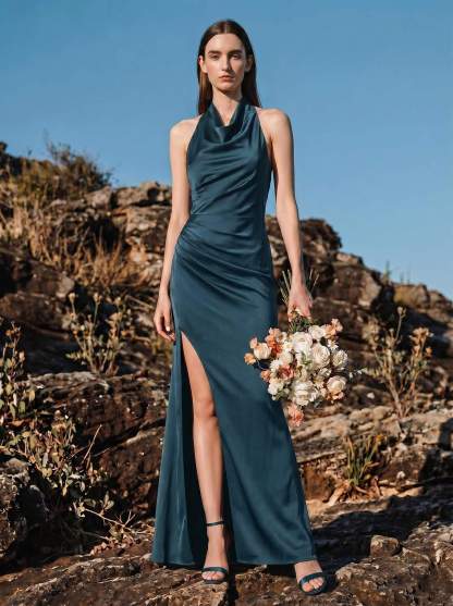 Sheath/Column Cowl Neck Sleeveless Bridesmaid Dresses With Split Front