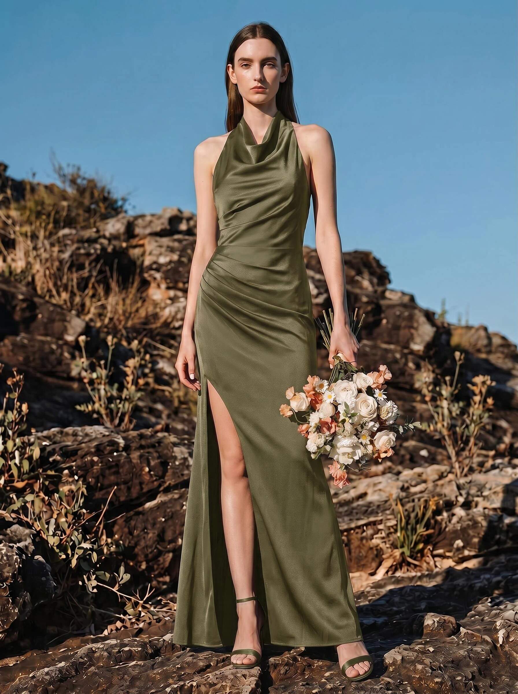 Sheath/Column Cowl Neck Sleeveless Bridesmaid Dresses With Split Front, image 14