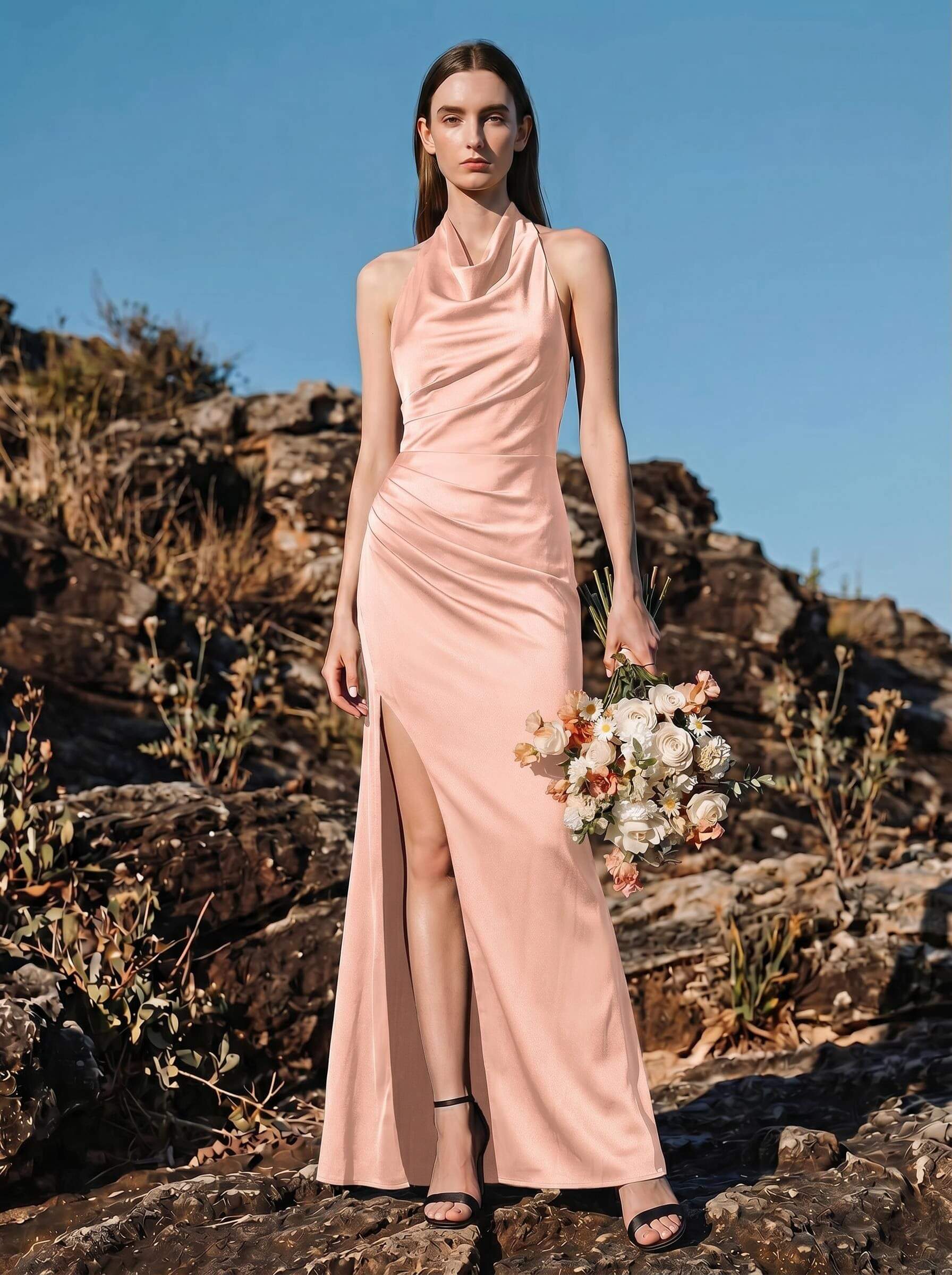 Sheath/Column Cowl Neck Sleeveless Bridesmaid Dresses With Split Front, image 10