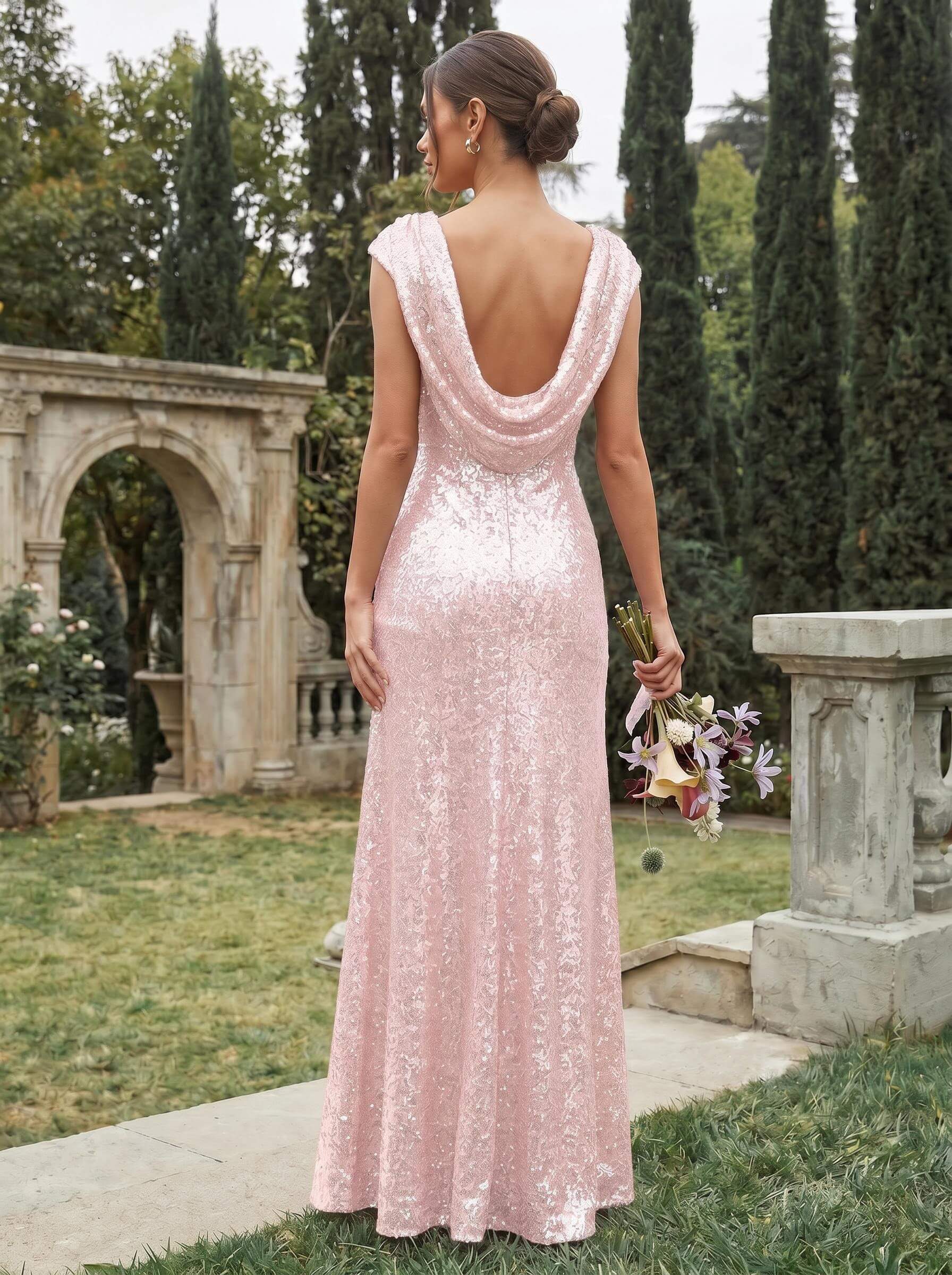 Sheath/Column Scoop Neck Cowl Back Sequined Bridesmaid Dresses, image 5