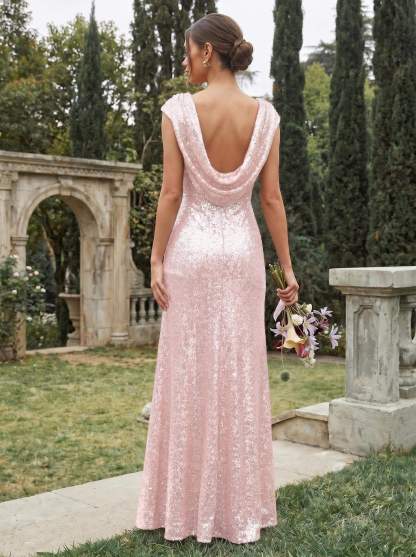 Sheath/Column Scoop Neck Cowl Back Sequined Bridesmaid Dresses