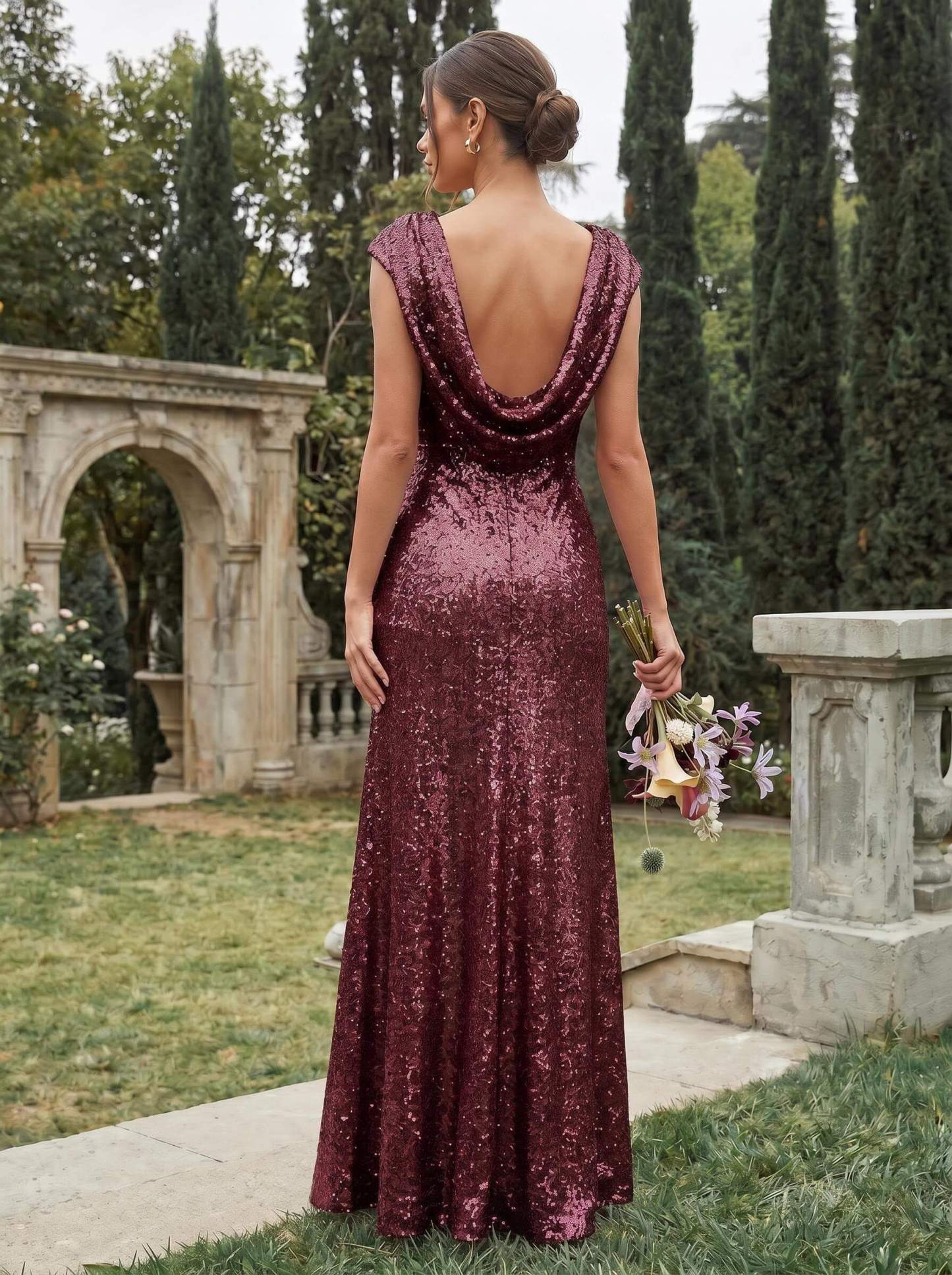 Sheath/Column Scoop Neck Cowl Back Sequined Bridesmaid Dresses, image 6