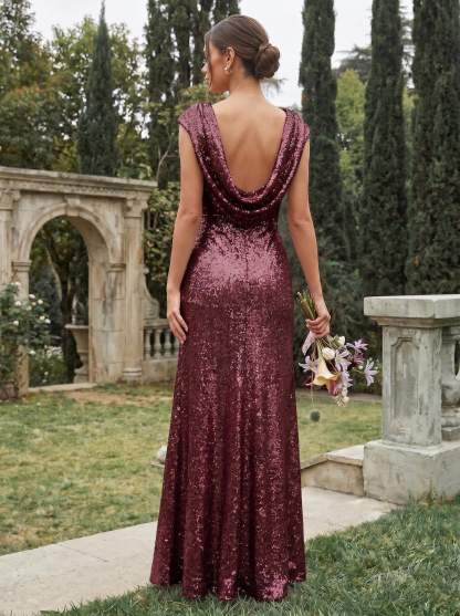 Sheath/Column Scoop Neck Cowl Back Sequined Bridesmaid Dresses