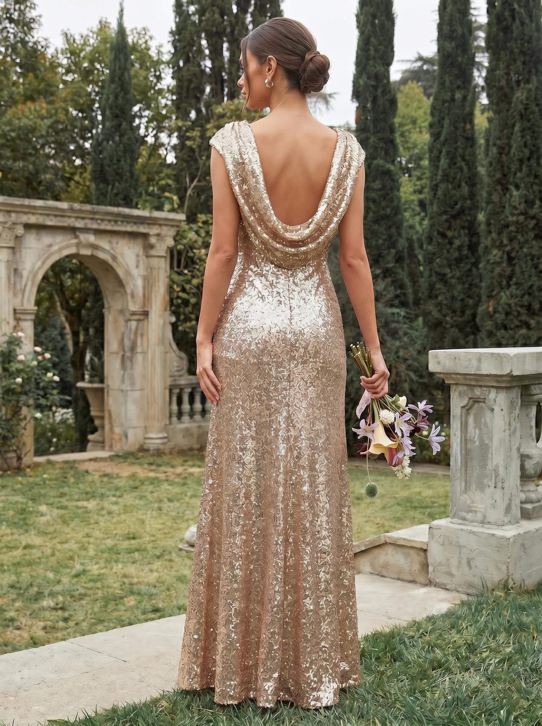Sheath/Column Scoop Neck Cowl Back Sequined Bridesmaid Dresses, image 7