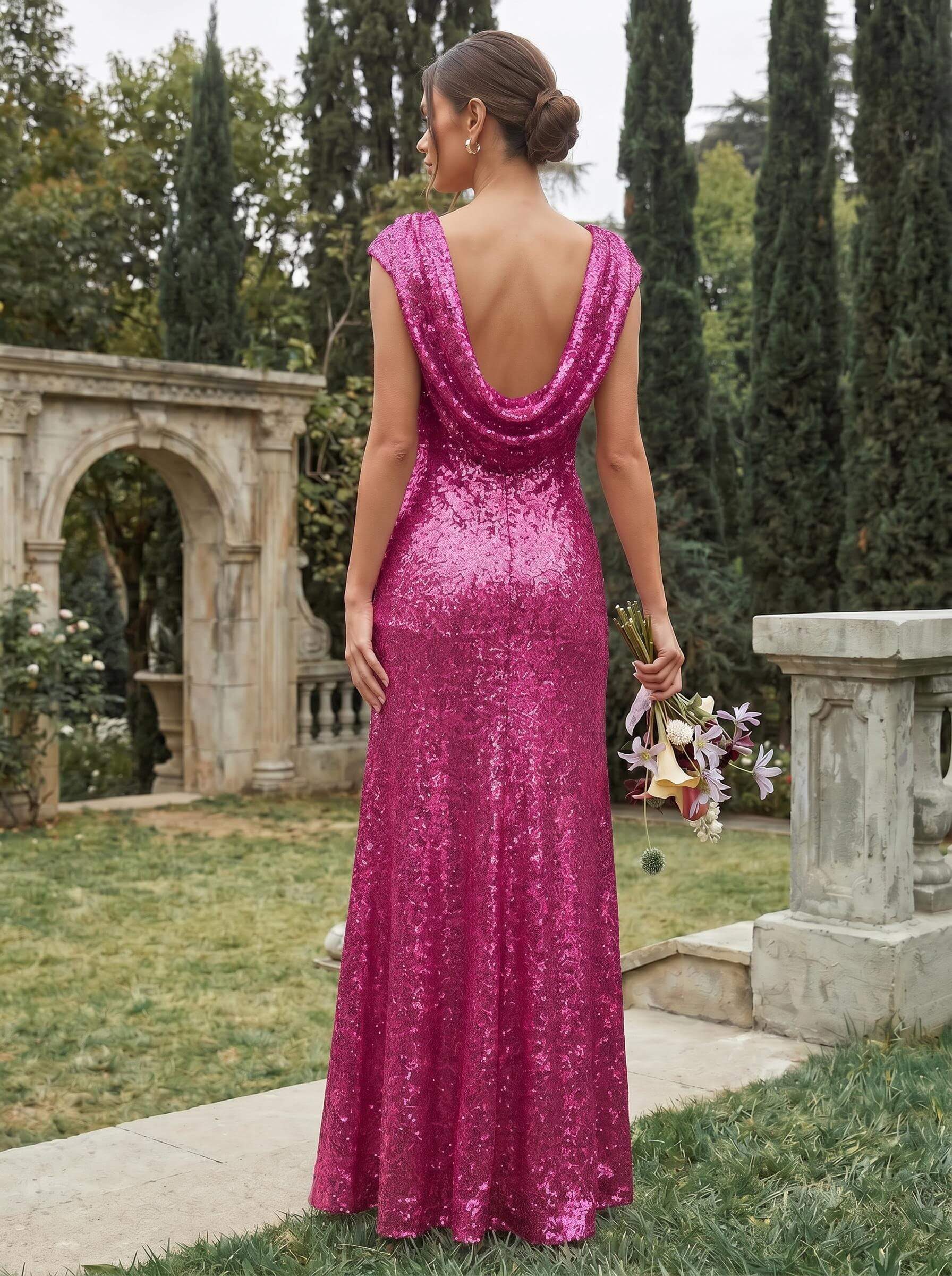 Sheath/Column Scoop Neck Cowl Back Sequined Bridesmaid Dresses, image 13