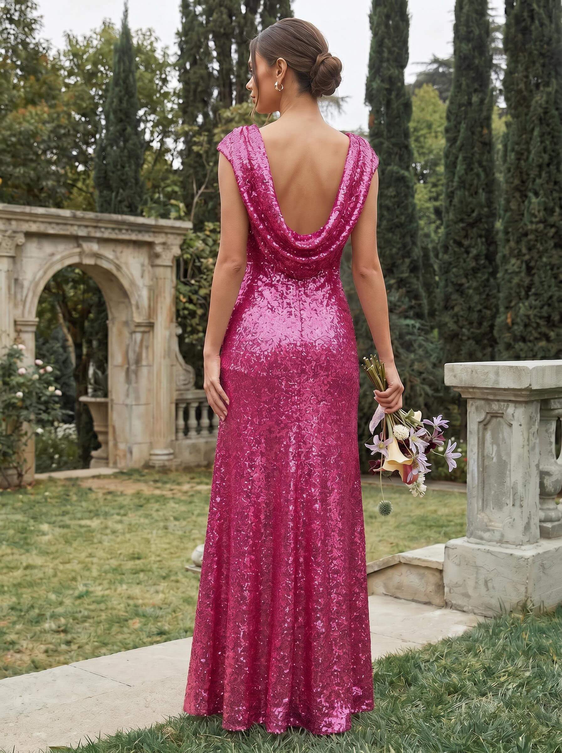 Sheath/Column Scoop Neck Cowl Back Sequined Bridesmaid Dresses, image 14