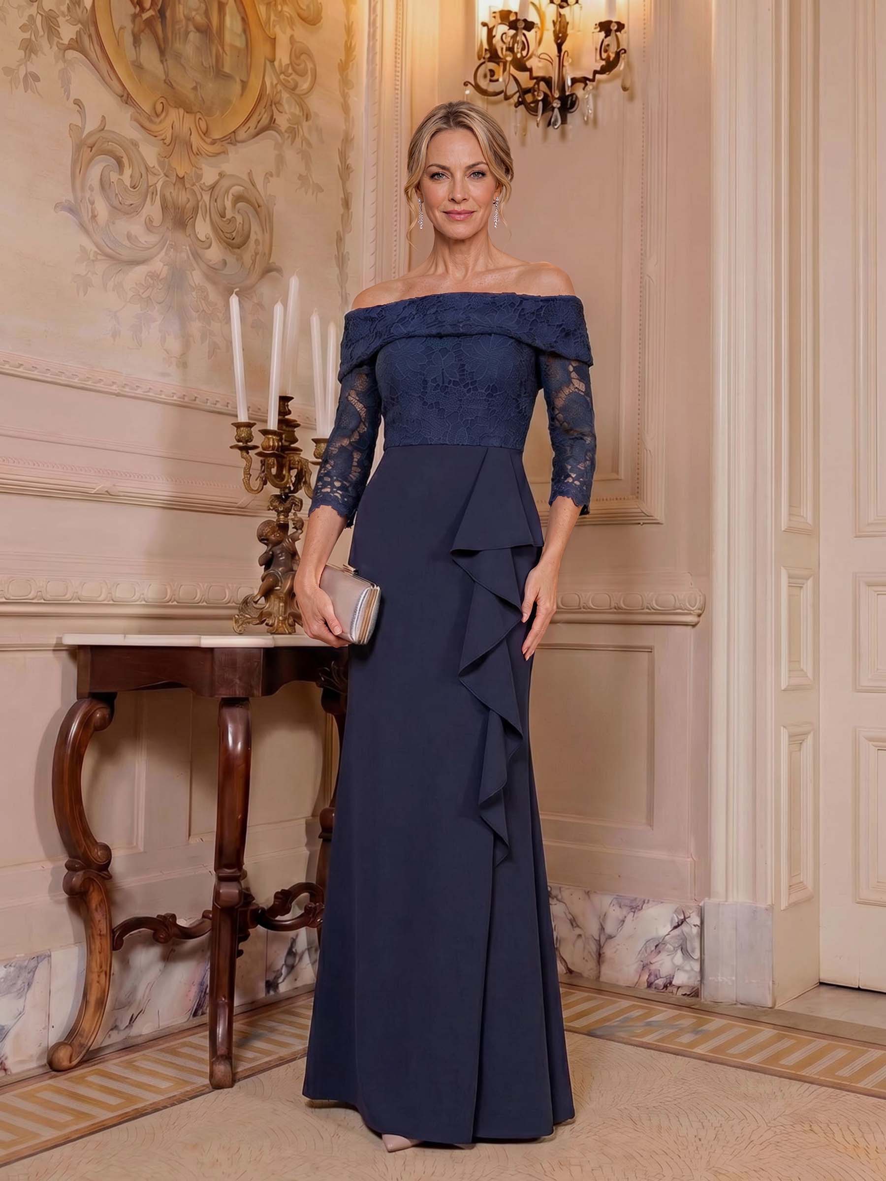 Sheath/Column Off-The-Shoulder 3/4 Sleeves Floor-Length Elastic Satin Mother Of The Bride Dresses, image 1