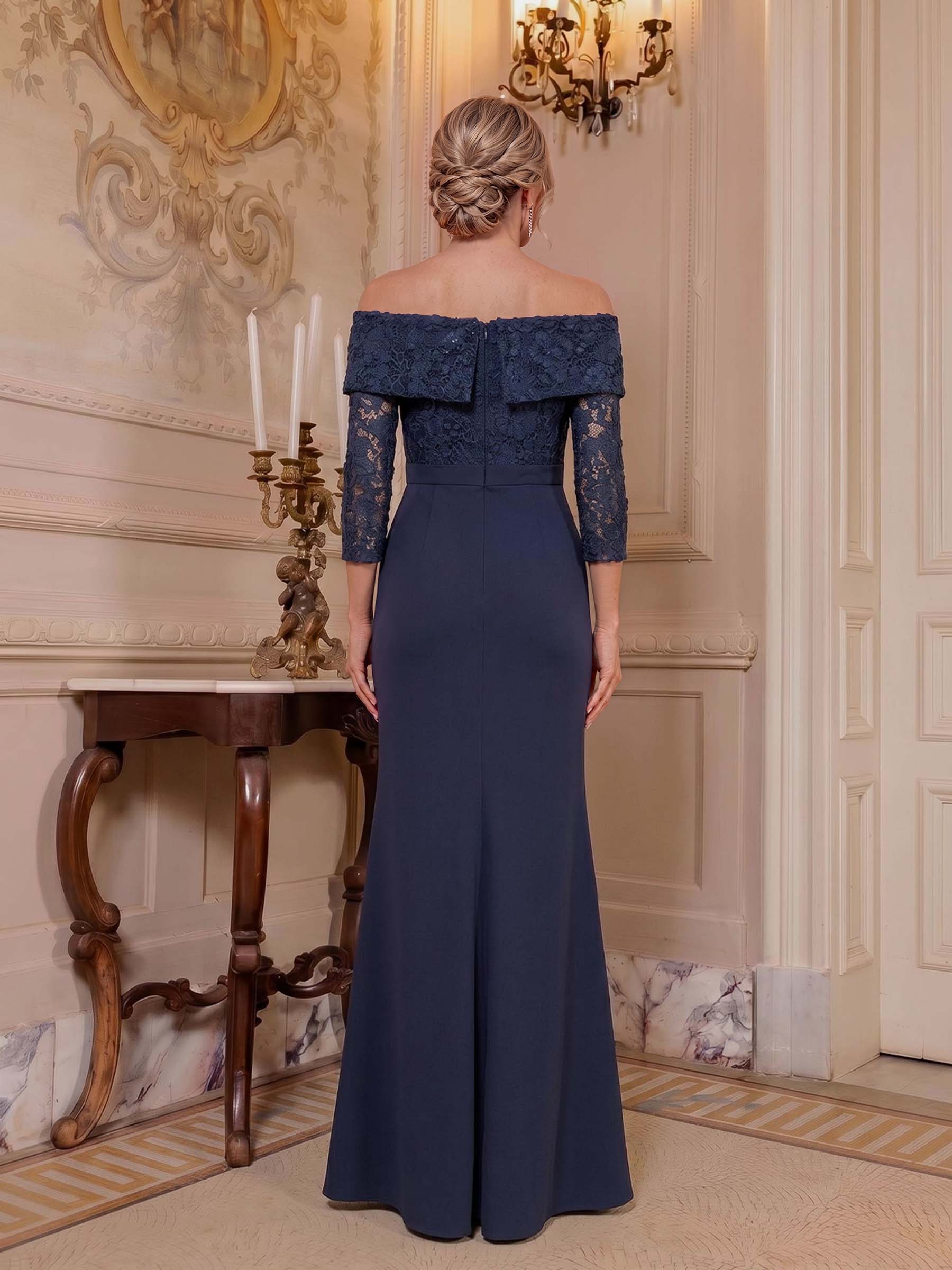 Sheath/Column Off-The-Shoulder 3/4 Sleeves Floor-Length Elastic Satin Mother Of The Bride Dresses, image 2