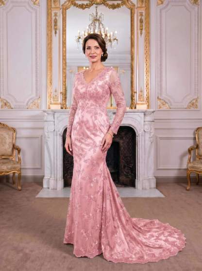 Exquisite Plunge Neck Trumpet Floral Embroidered Mother Of The Bride Dresses