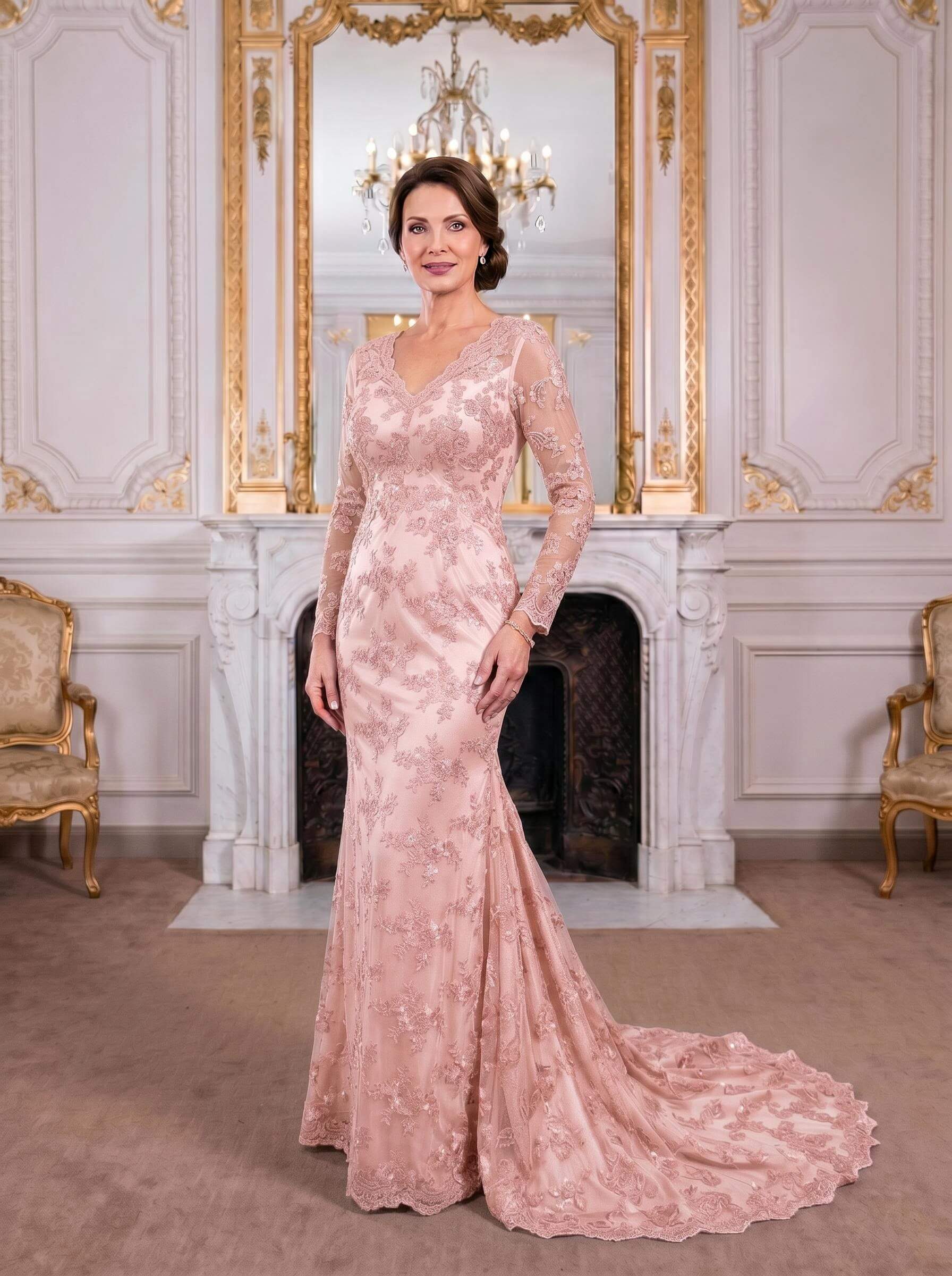 Exquisite Plunge Neck Trumpet Floral Embroidered Mother Of The Bride Dresses