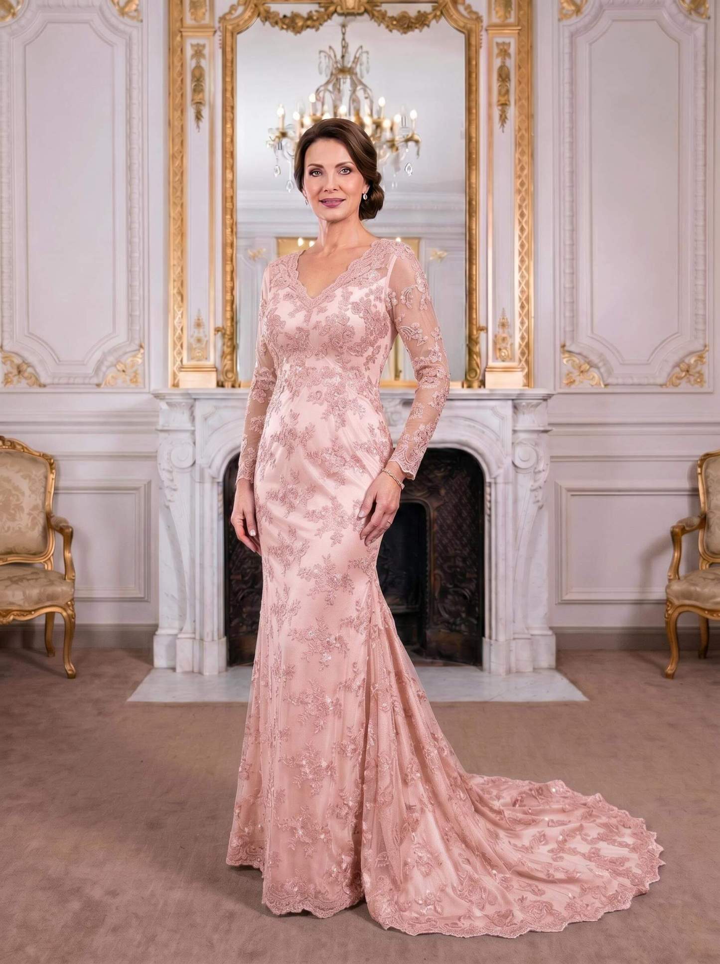 Exquisite Plunge Neck Trumpet Floral Embroidered Mother Of The Bride Dresses
