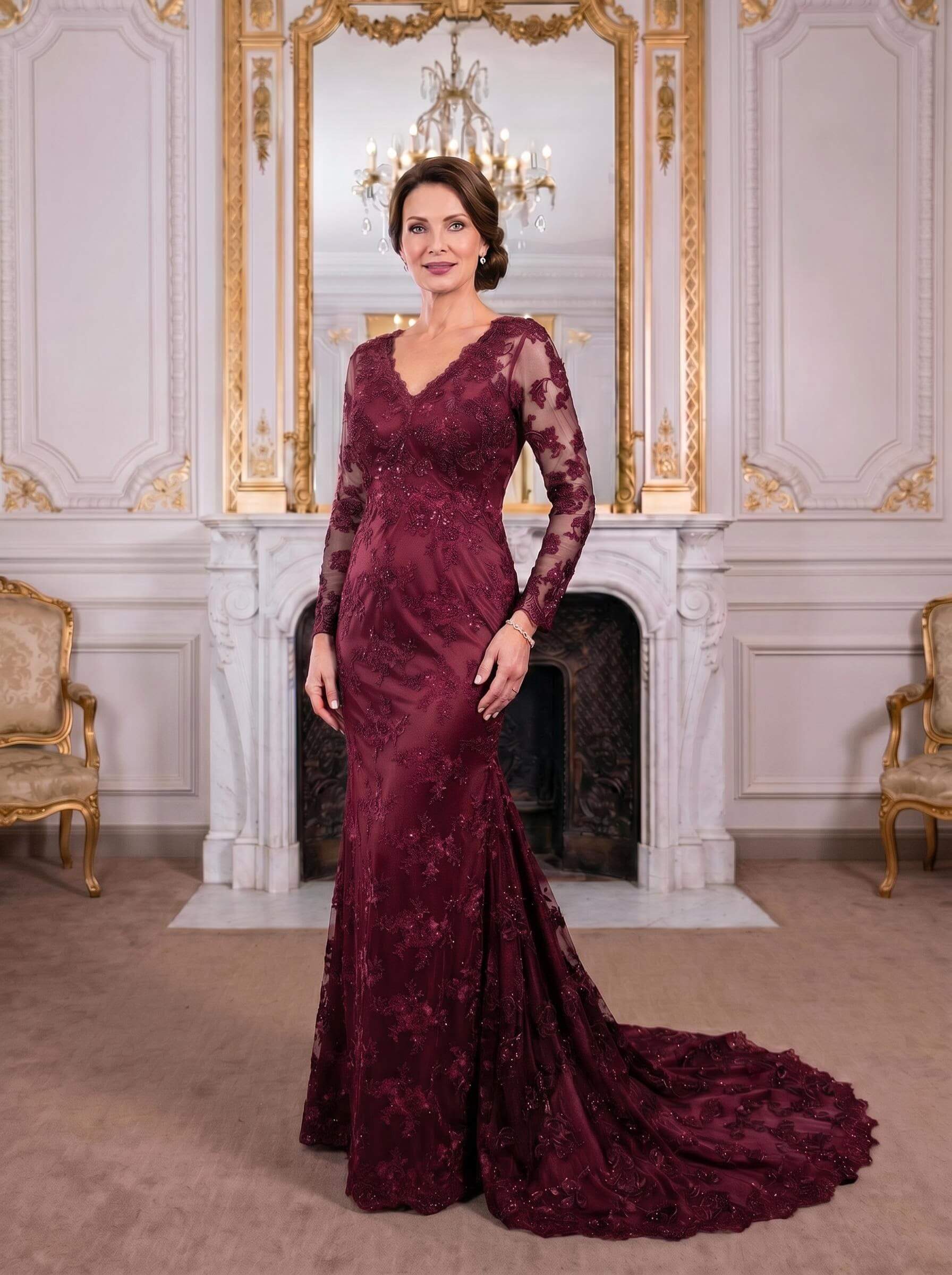 Exquisite Plunge Neck Trumpet Floral Embroidered Mother Of The Bride Dresses