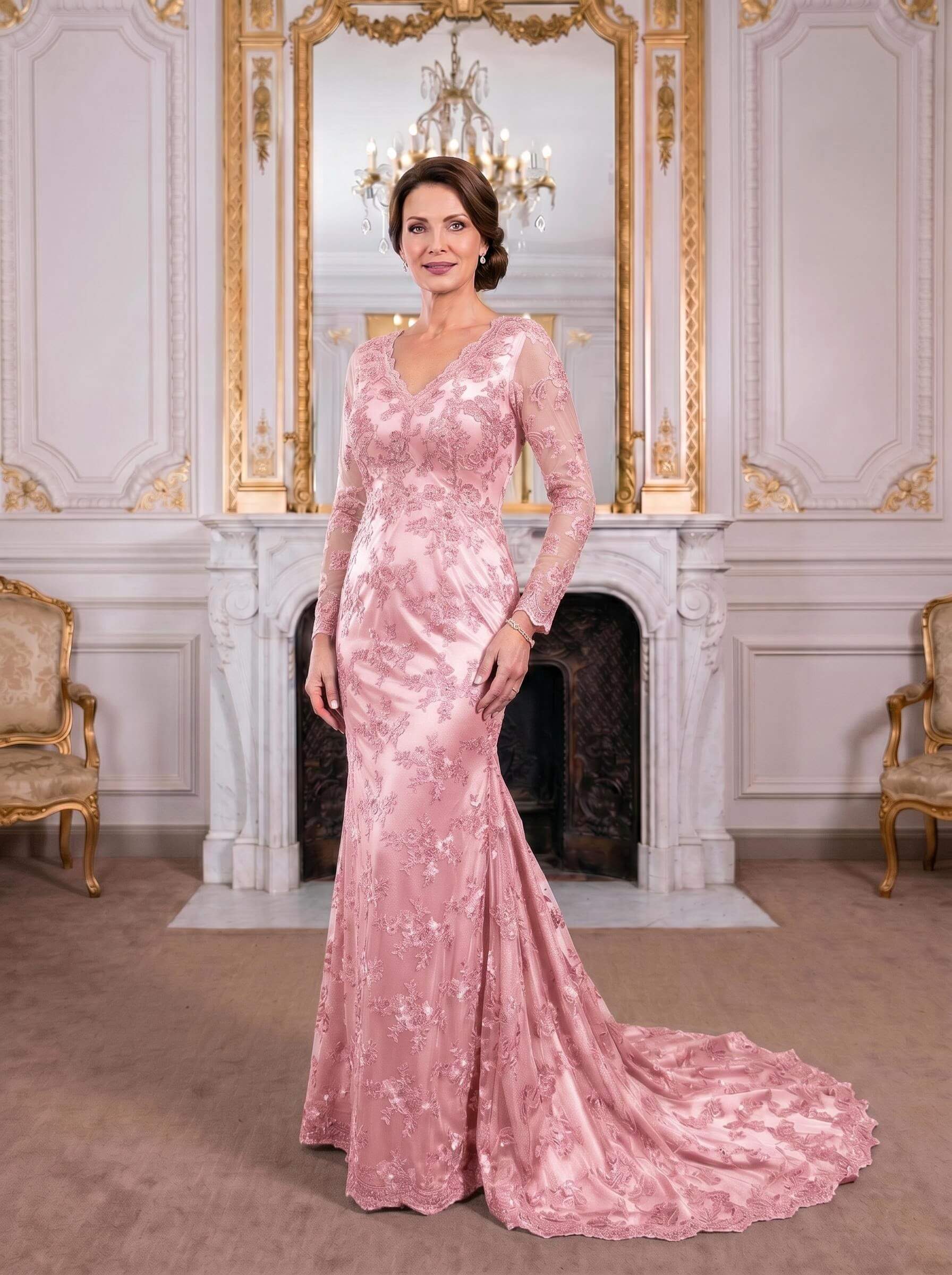 Exquisite Plunge Neck Trumpet Floral Embroidered Mother Of The Bride Dresses