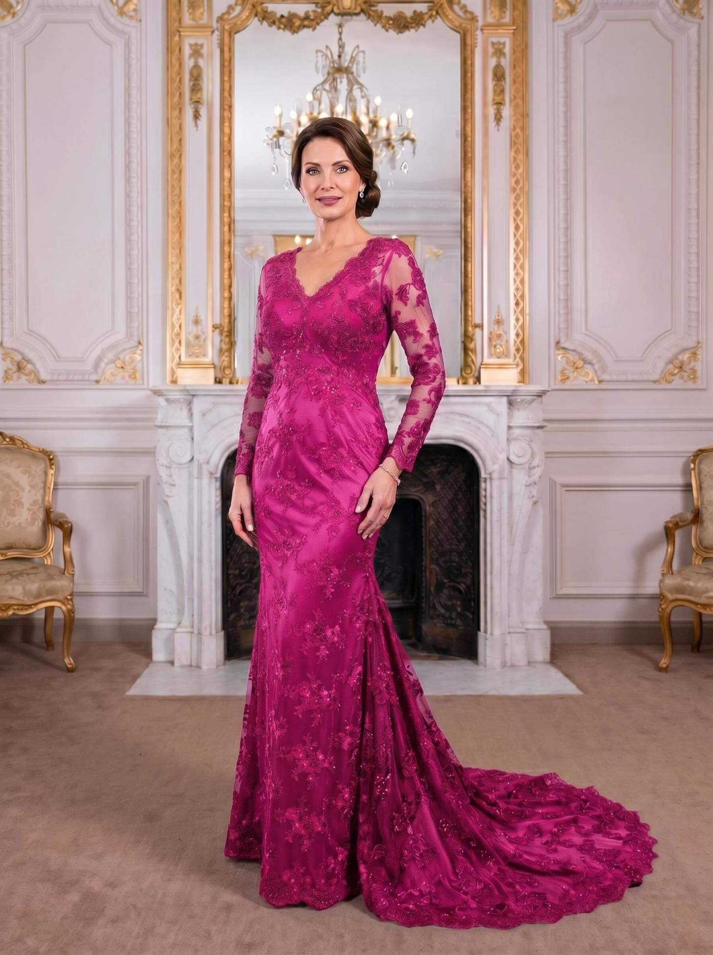 Exquisite Plunge Neck Trumpet Floral Embroidered Mother Of The Bride Dresses
