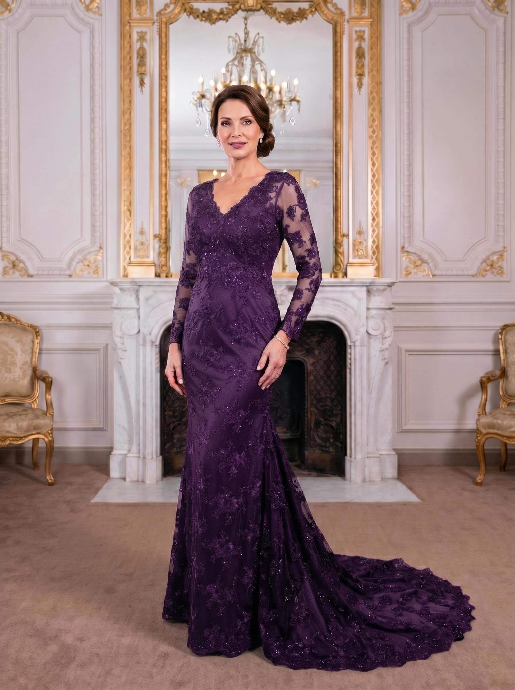 Exquisite Plunge Neck Trumpet Floral Embroidered Mother Of The Bride Dresses
