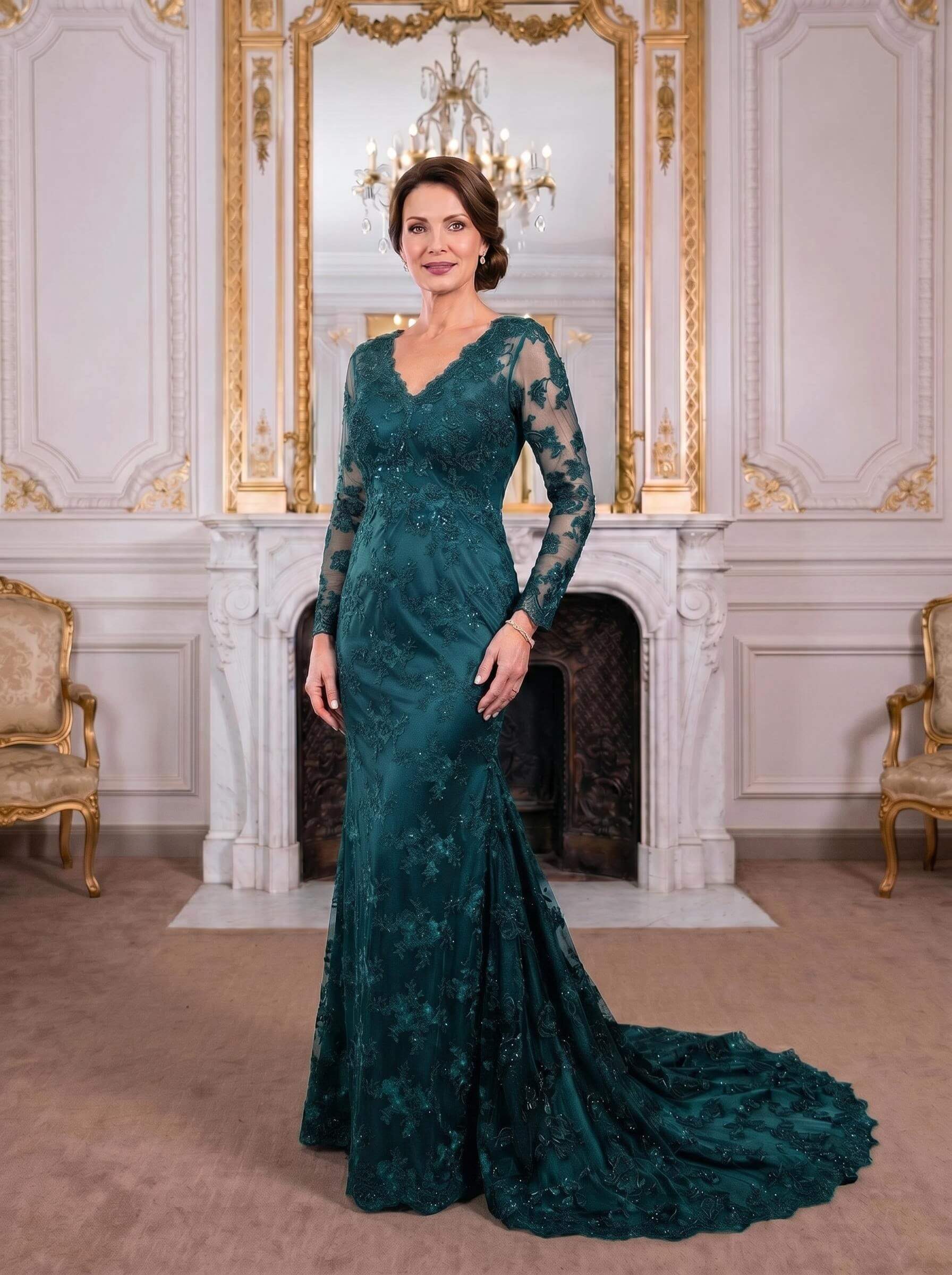 Exquisite Plunge Neck Trumpet Floral Embroidered Mother Of The Bride Dresses