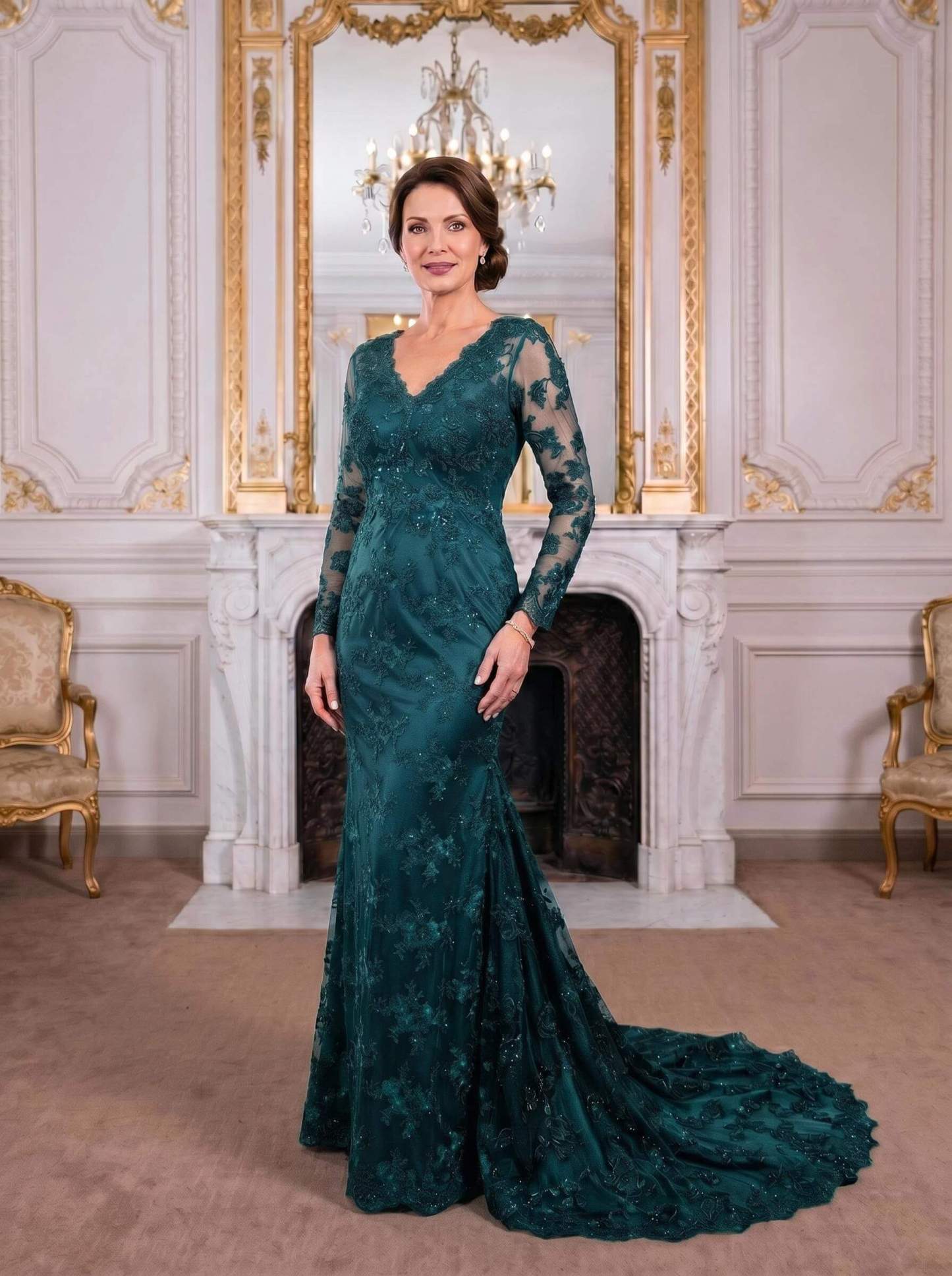 Exquisite Plunge Neck Trumpet Floral Embroidered Mother Of The Bride Dresses
